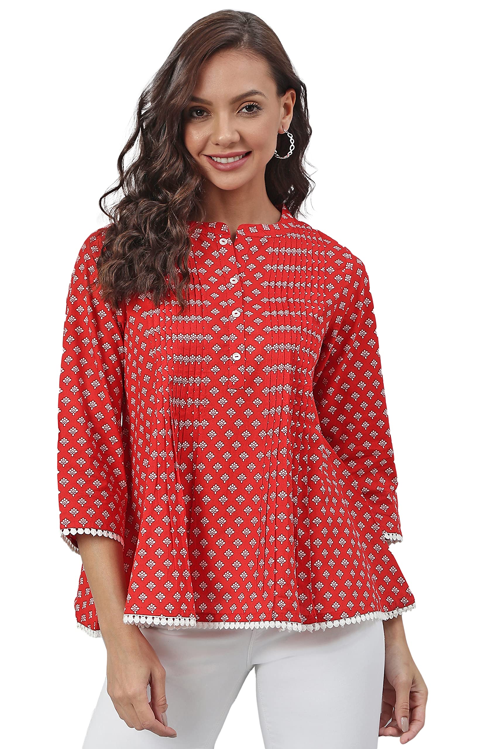 JanasyaIndian Women's Red Cotton Floral Print Flared Top