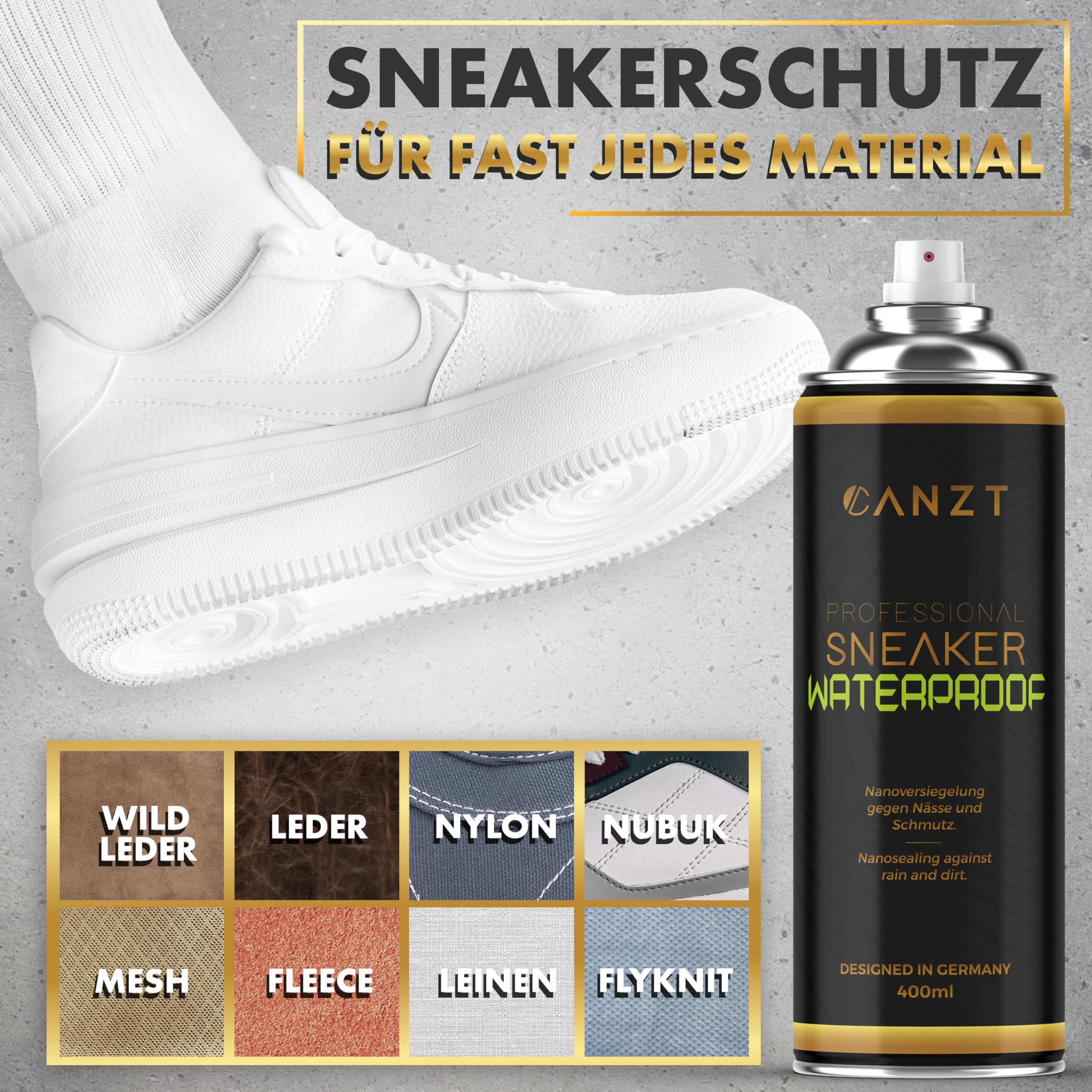 Canzt Imprägnierspray Schuhe 400ml – Schuh Imprägnierung für Wildleder, Leder, Nubuk & Textilien – Wasser- & Schmutzschutz für Sneaker & Outdoor-Schuhe