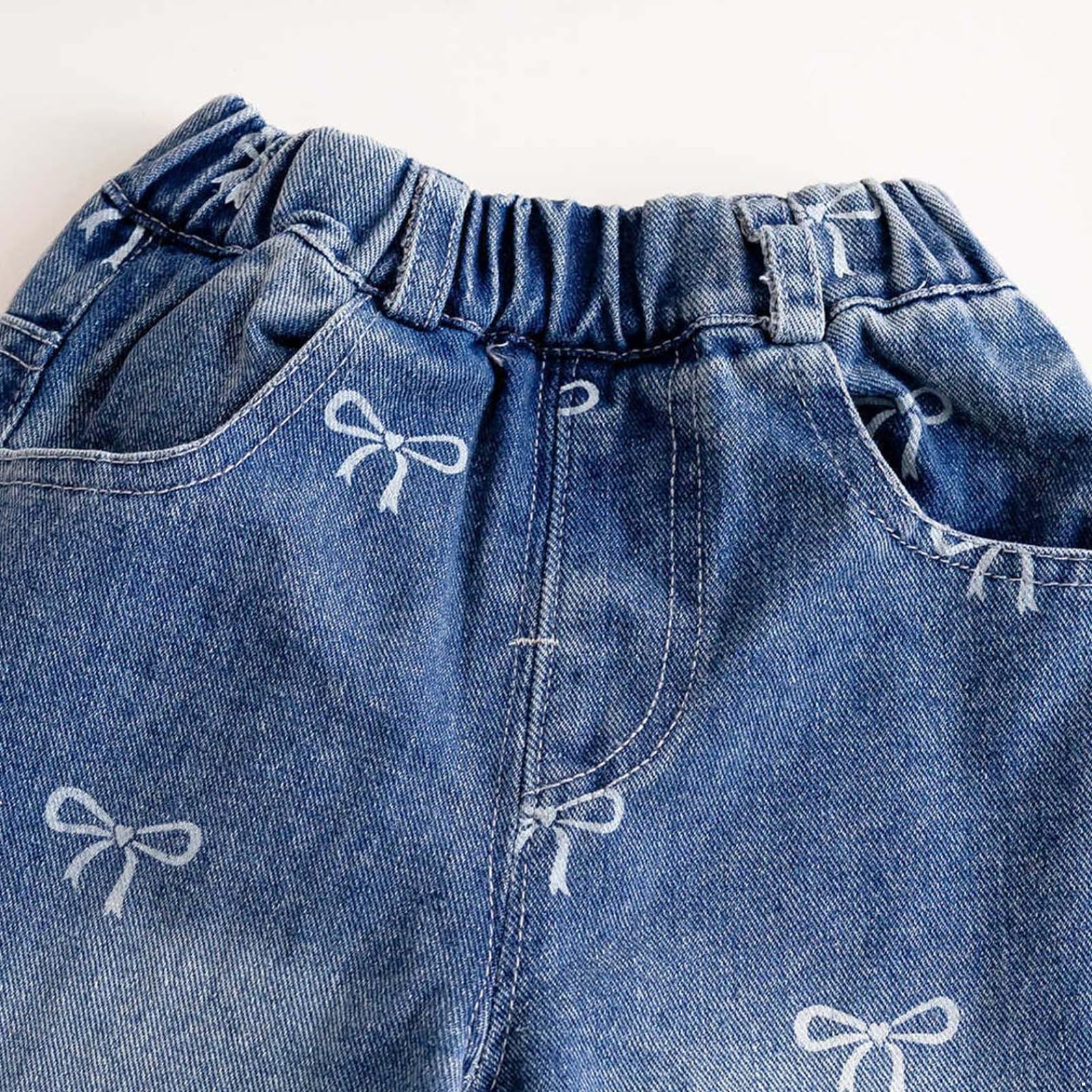 Kinder Baby Mädchen Jeanshose Weite Gerade Süße Schleifenprint Denim Hose Mit elastischer Taille Und Taschen
