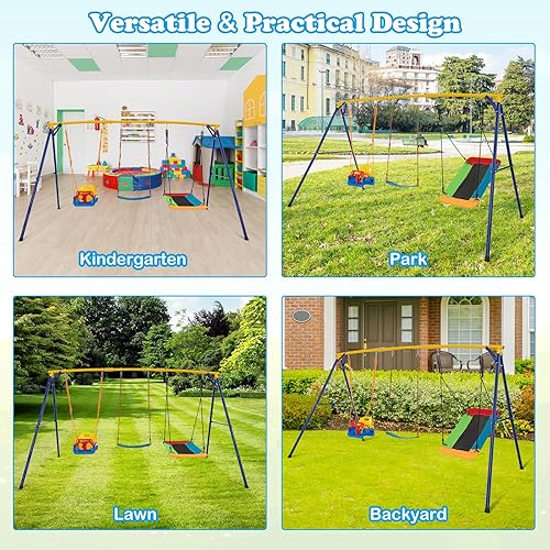 Miniatura 9 de HONEY JOY Juego de columpios de 660 libras para patio trasero, 3 asientos, soporte de columpio de metal resistente con columpio de plataforma,