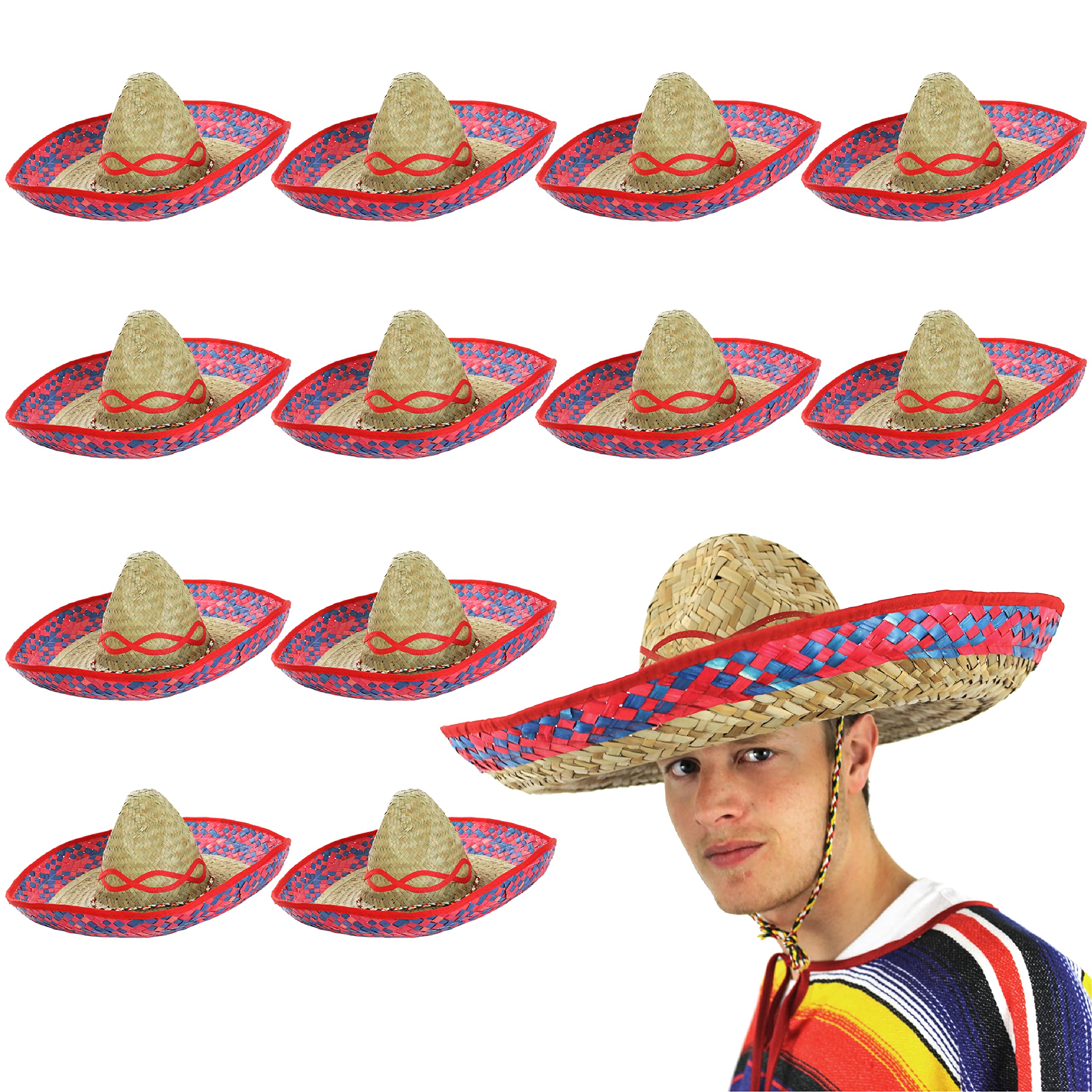 Adults Mexican Sombrero - Pack of 24 - Red Straw Embroidered Sombrero - Mexico Cinco de Mayo Fiesta Fancy Dress Costume Accessory — image 1