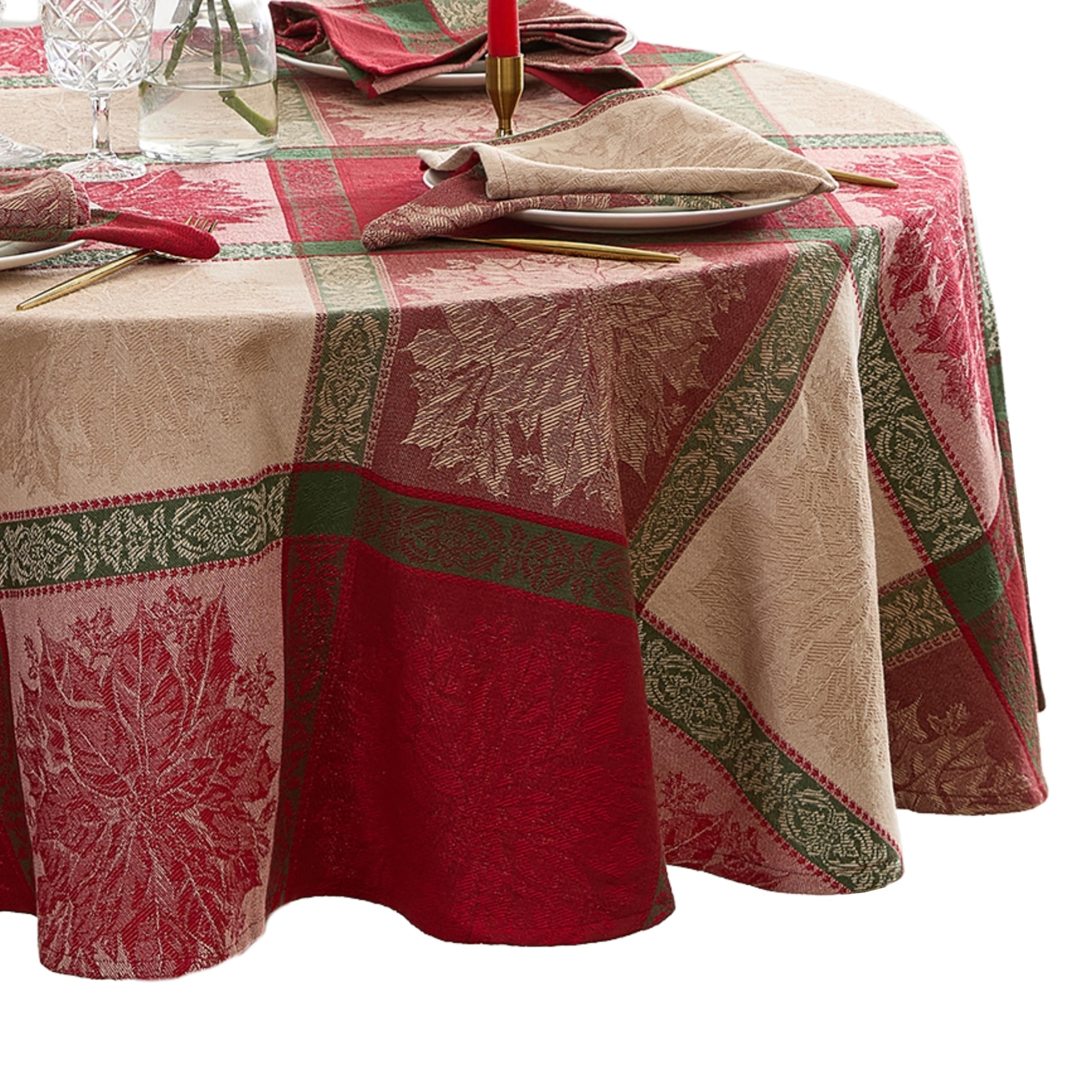 Elrene Home Fashions Prestige Poinsettia Jacquard Woven Cotton Christmas/Holiday Round Tablecloth, 70"x70"