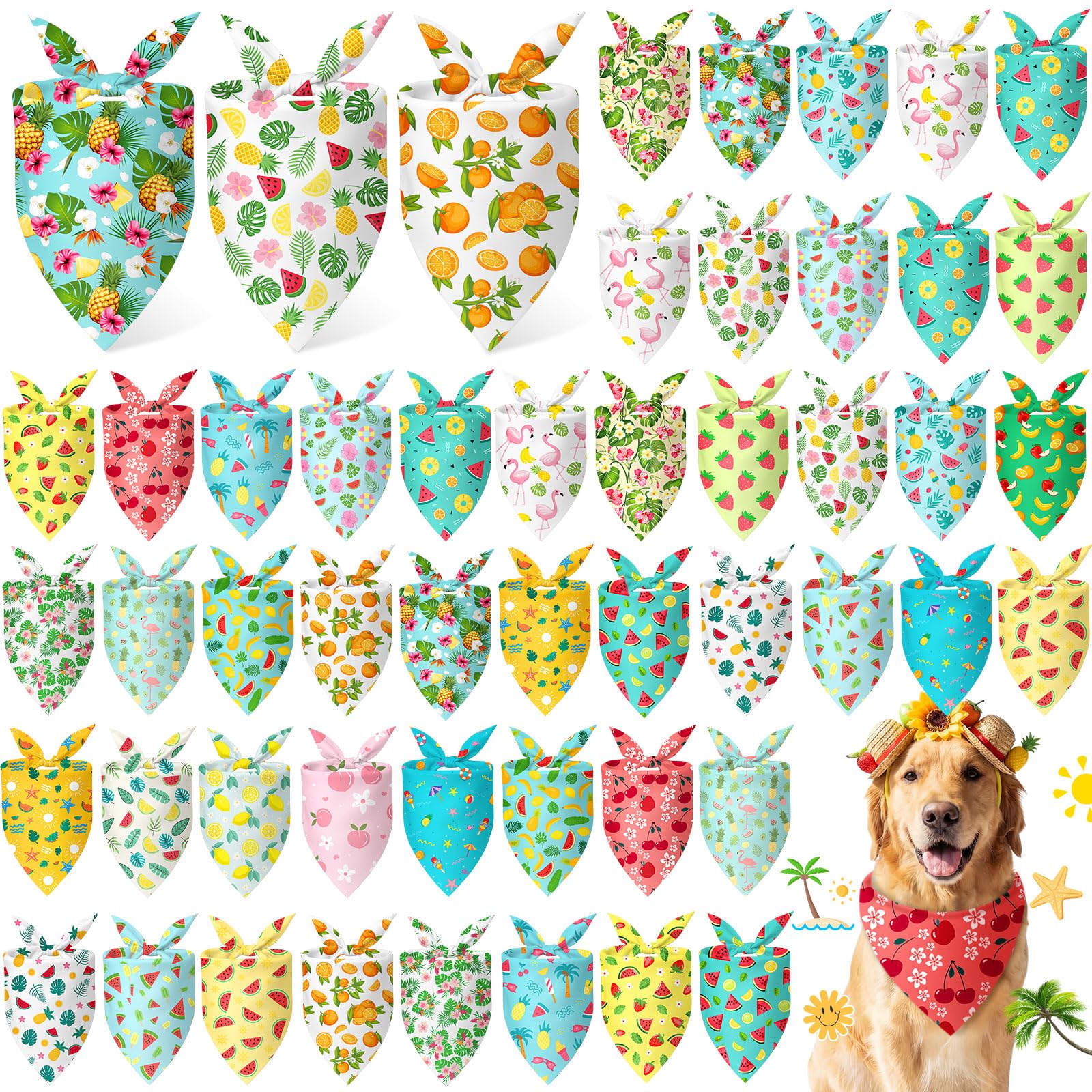 Abbylike 50 Pieces Summer Themed Dog Bandanas Bulk Hawaiian Dog Bandanas for Pets Triangle Kerchief Scarf Bibs Set for Summer Pets Dogs Party Costume Accessories, 25 Styles (31.5 x 21.7 x 21.7)