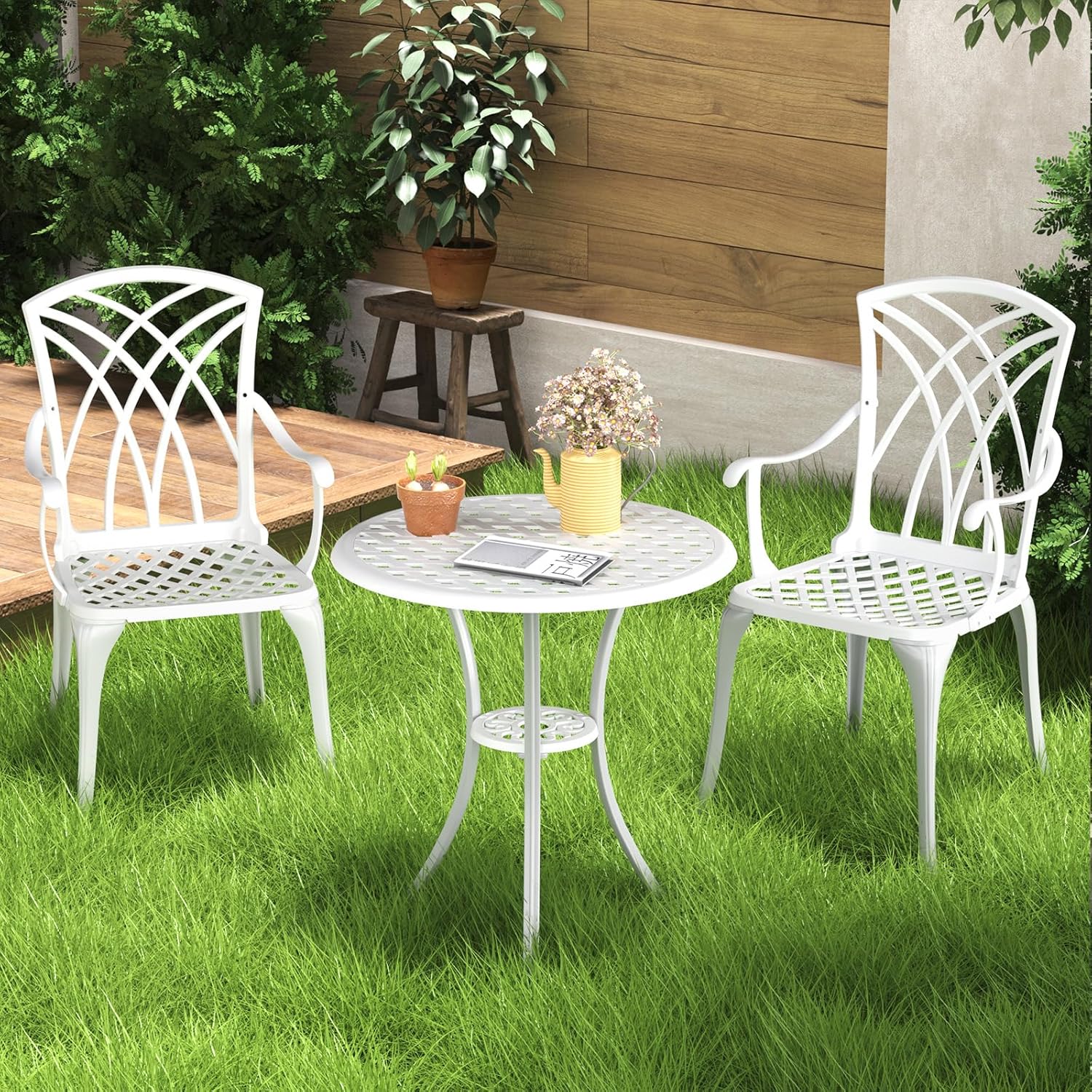 Patio Bistro Set of 2, Cast Aluminum, Outdoor Set w/Umbrella Hole, 3 Piece Table and Chairs Set, Bistro Set for Backyard/Garden/Lawn, Black