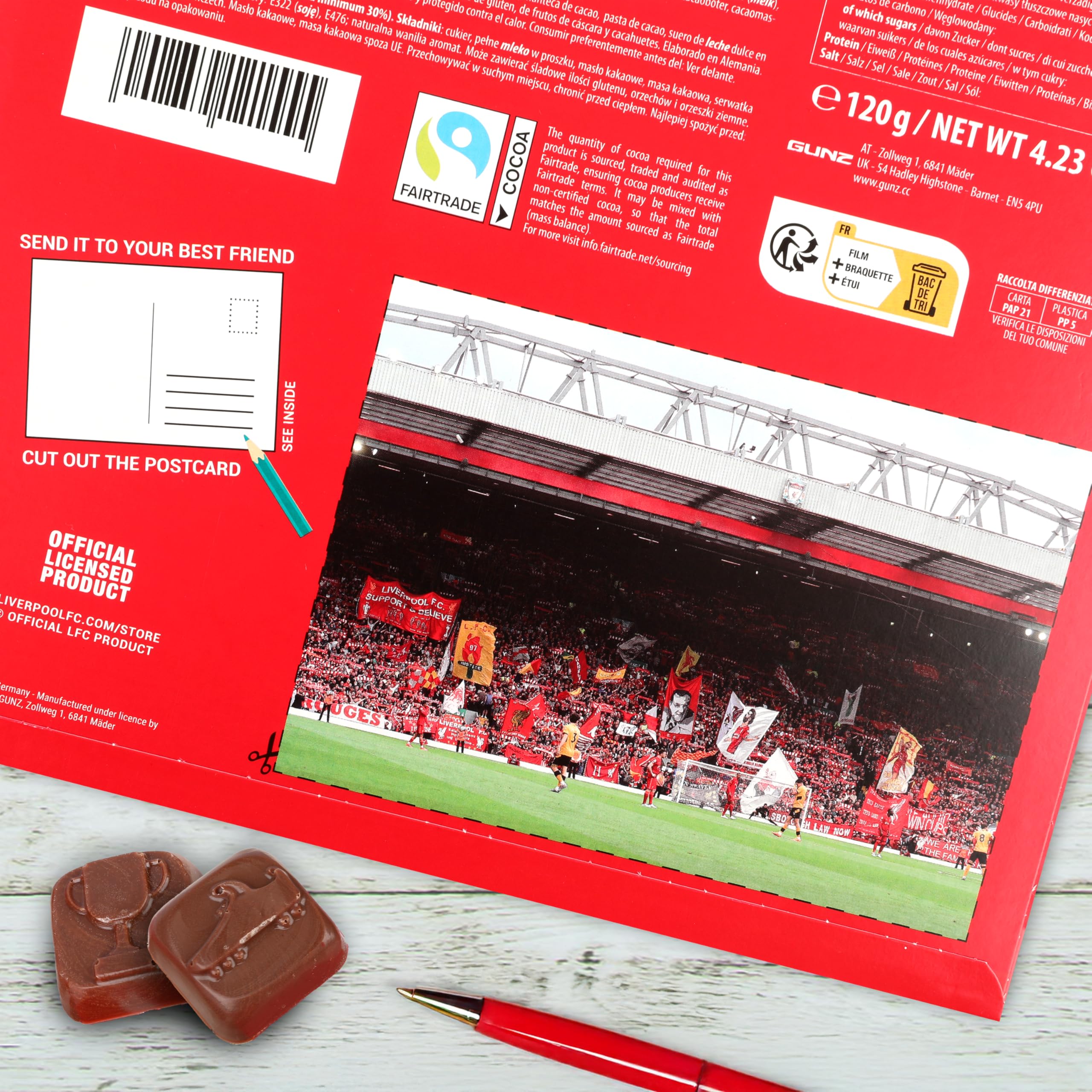 Gunz Liverpool FC Calendrier de l'Avent au motif de football Fairtrade Chocolat – Calendrier de Noël avec 24 surprises au chocolat (120 g) + carte postale à l'arrière – Cadeau de l'Avent pour les
