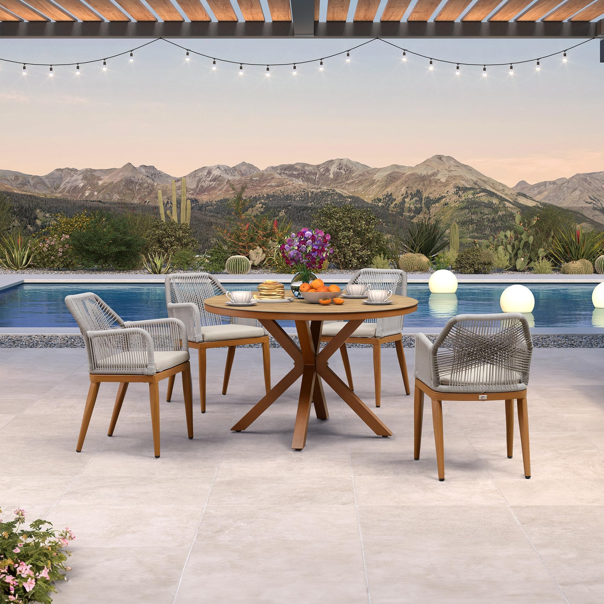 PURPLE LEAF Oversized Patio Round Dining Set 5 Pieces with Arm, Deep Teak