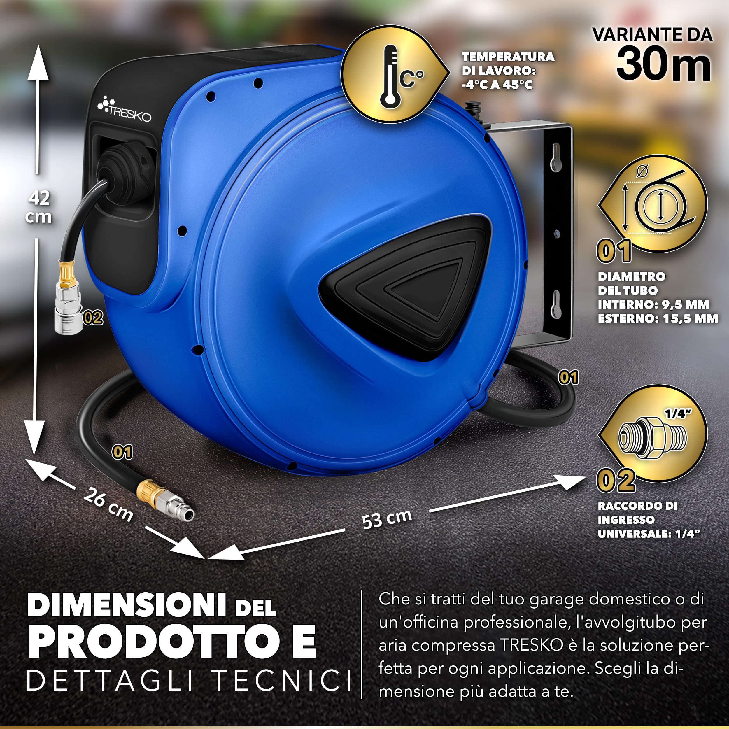 TRESKO® Avvolgitubo Aria Compressa 30 mt con Tubo | Avvolgitubo Pneumatico attacco 1/4" | Dispositivo di Arresto Automatico e Riavvolgitore Automatico, Blu