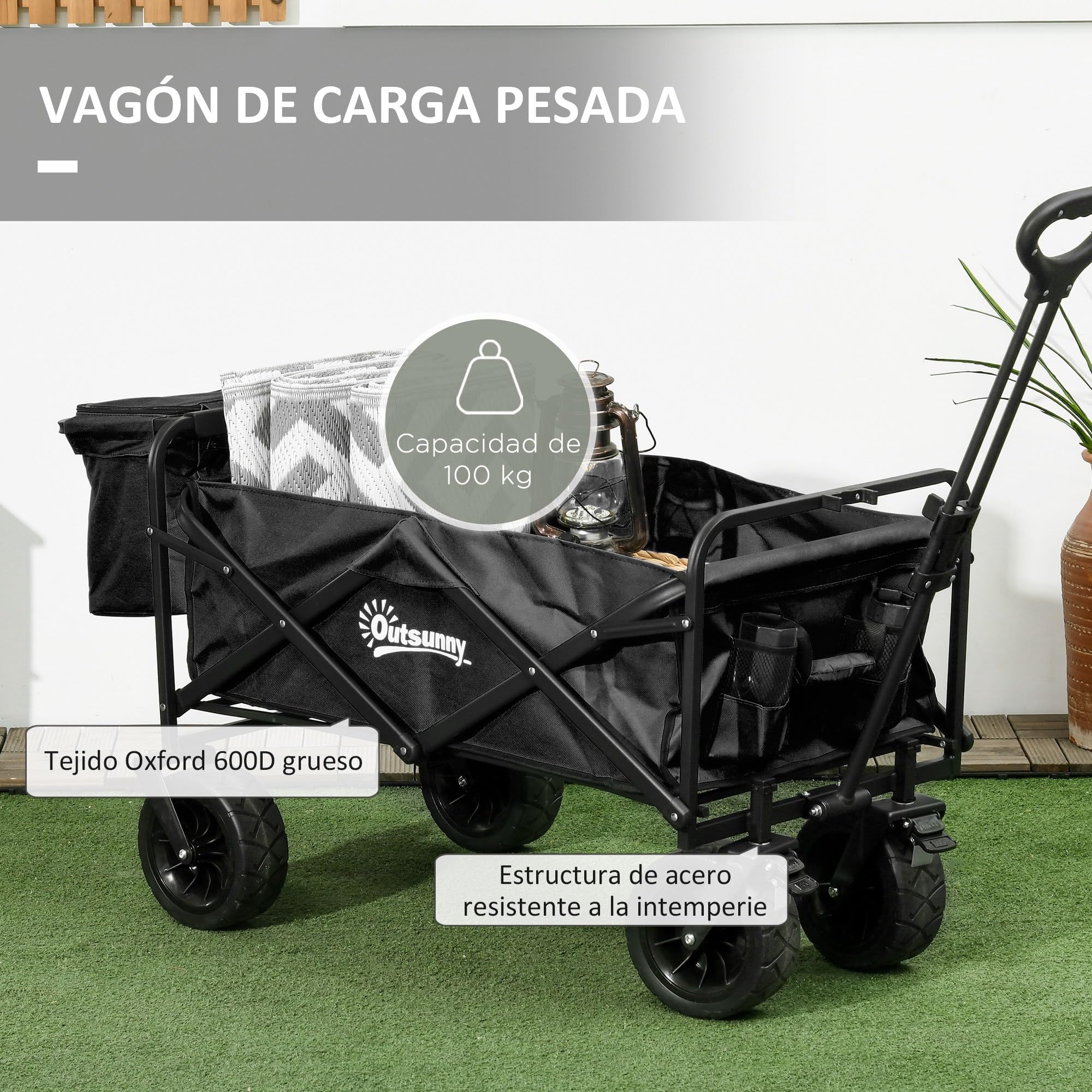 Outsunny Chariot de plage pliant avec grandes roues, extérieur, Noir | Sac isotherme amovible, longueur et angle de poignée réglables, sac de transport, 100 kg de charge, courses, jardin