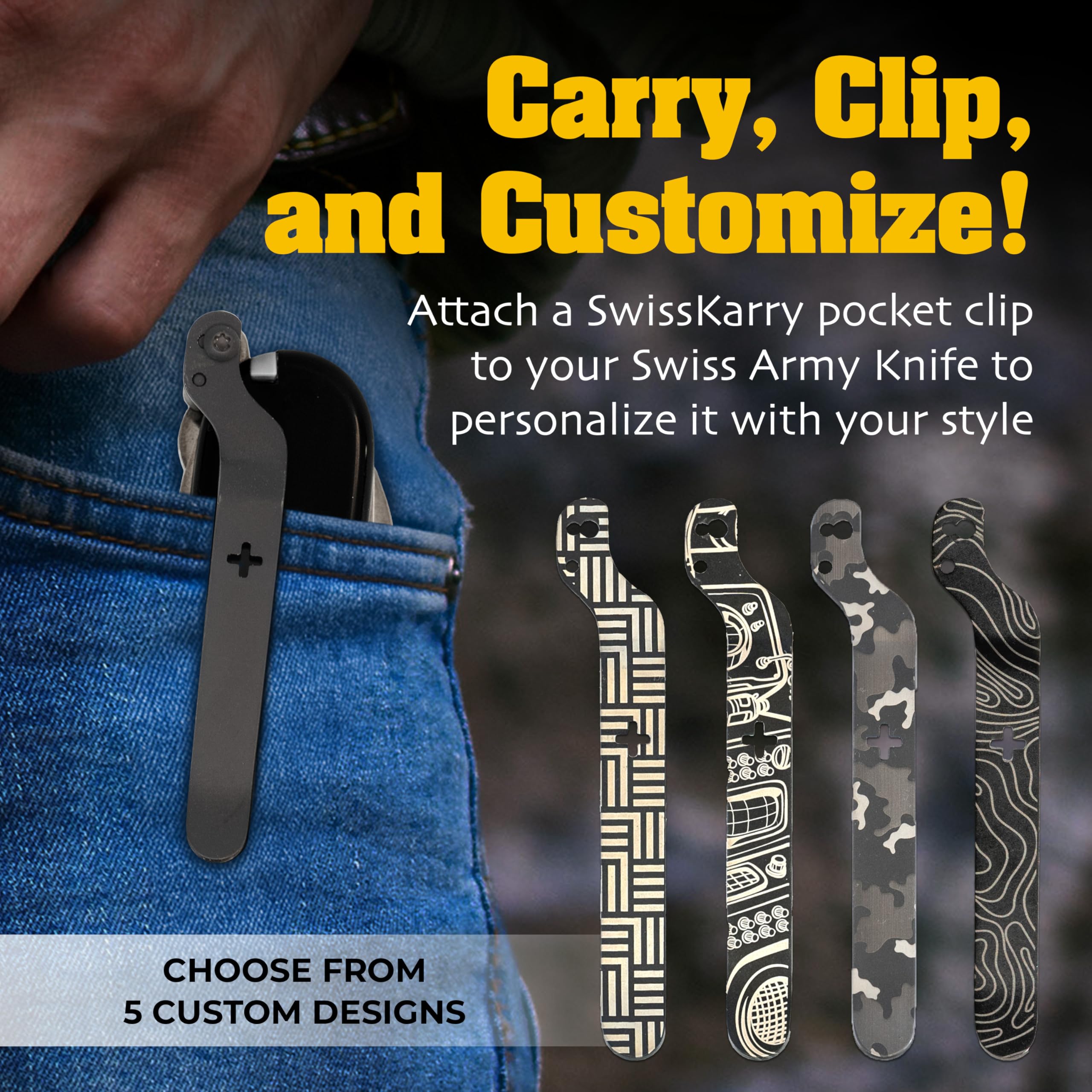 SwissKarry Clip Compatible with 91mm Victorinox Swiss Army Knife Models. 5 Custom Designs for a Personalised Pocket Knife. Be Ready for the Unexpected. Stainless Steel Tough. ‘Void Black’