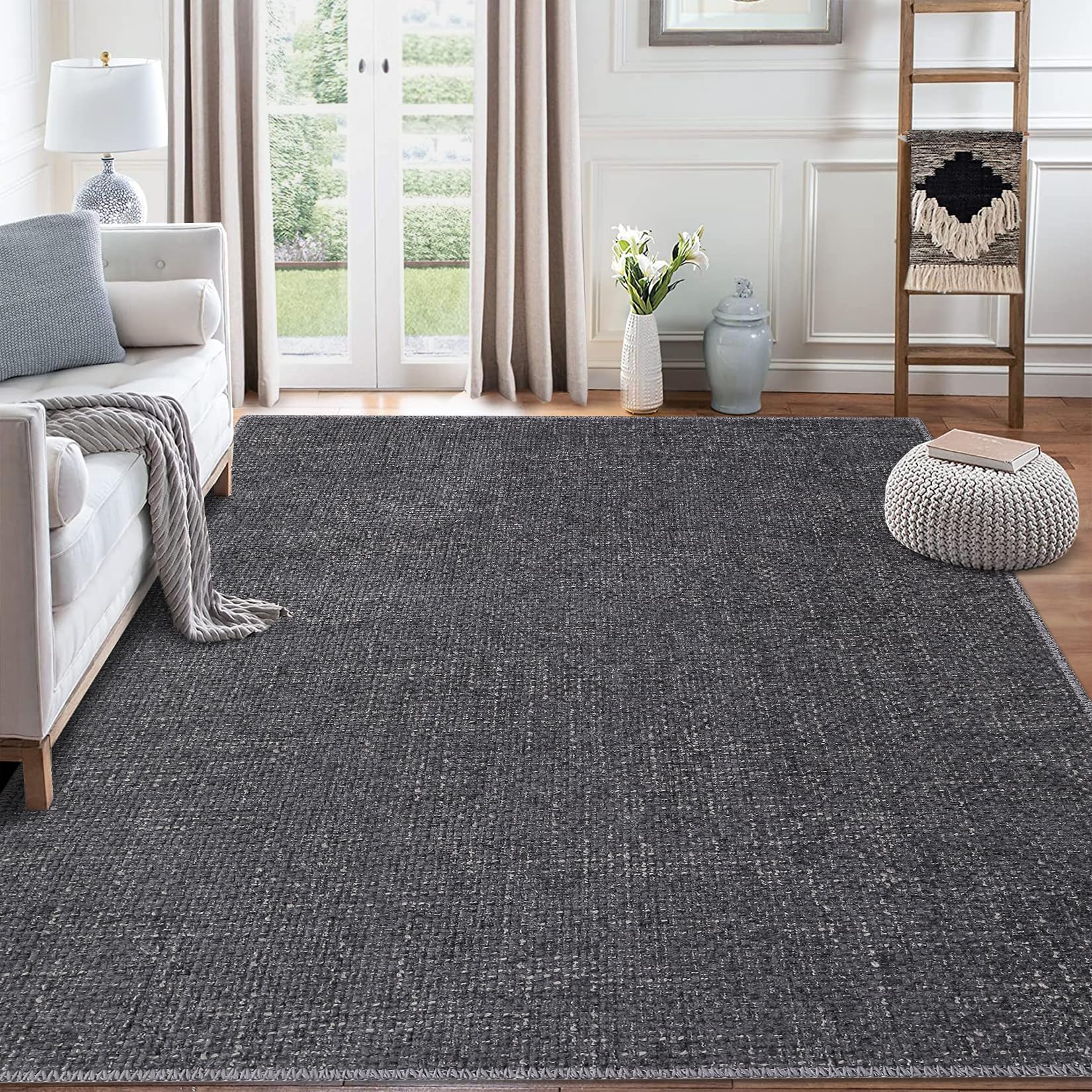 Photo 1 of GAOMON 9x12 Area Rug Modern Solid Weaving Textured Machine Washable Area Rug for Living Room Bedroom Farmhouse Non-Slip Stain Resistant Accent Rug Carpet for Home Floor Decoration, Dark Grey 9 x 12 Feet Dark Grey