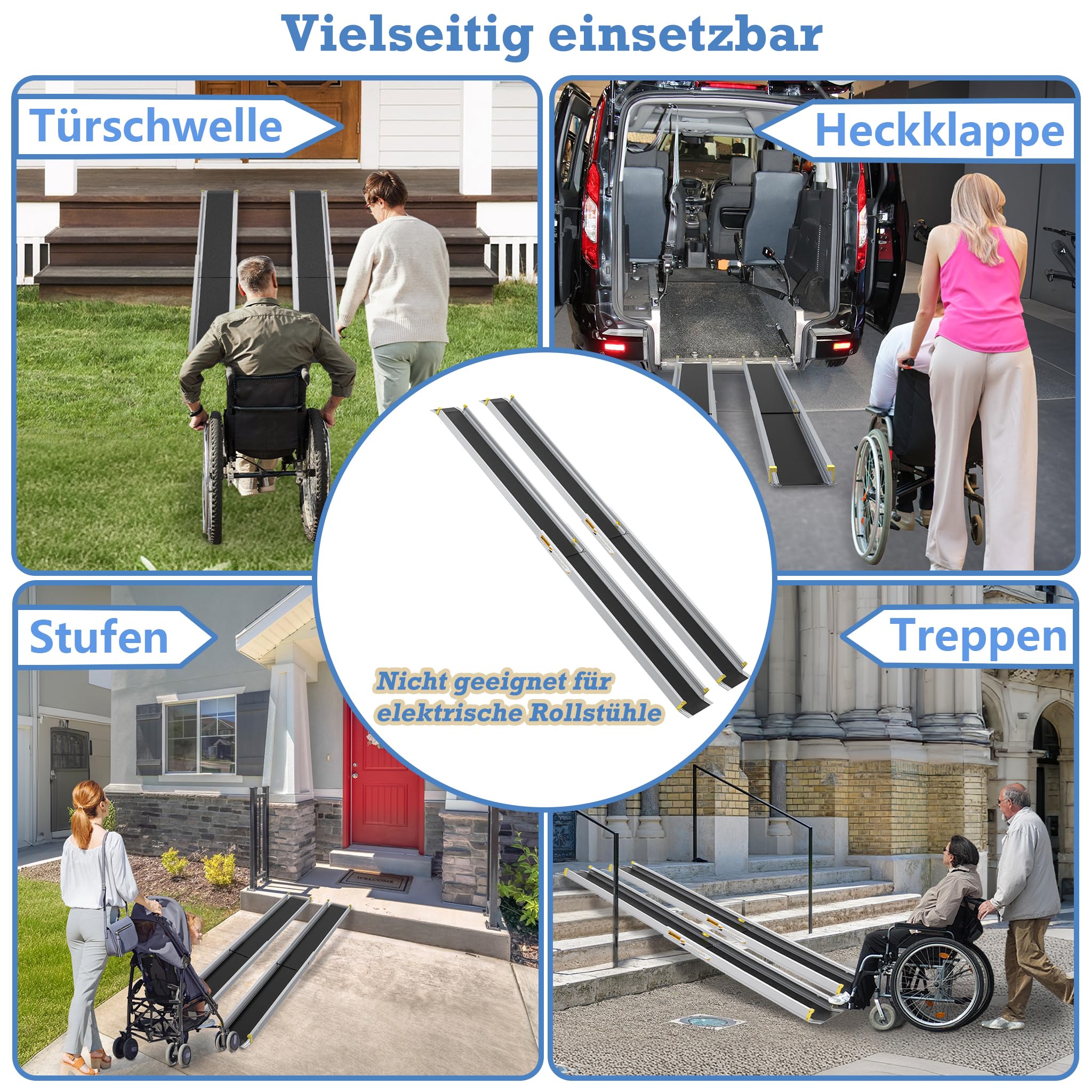 YRHome Rampa telescópica para silla de ruedas (2 unidades, 107 – 183 cm, telescópica, ajustable, antideslizante y portátil, hasta 300 kg, para sillas de ruedas manuales, aluminio, rampa para escaleras