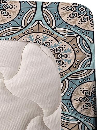 Miniatura 3 de Ambesonne Juego de sábanas étnicas, formas redondas de tema nórdico con adorno de rayas en la parte trasera de tono azul, sábana bajera y encimera