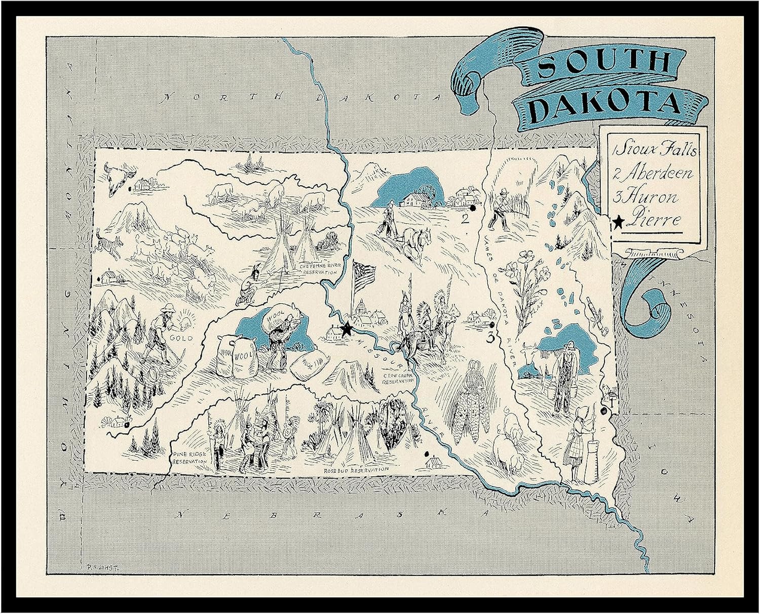 Amazon.com: Poster Master Vintage Map Poster - Retro South Dakota Map ...