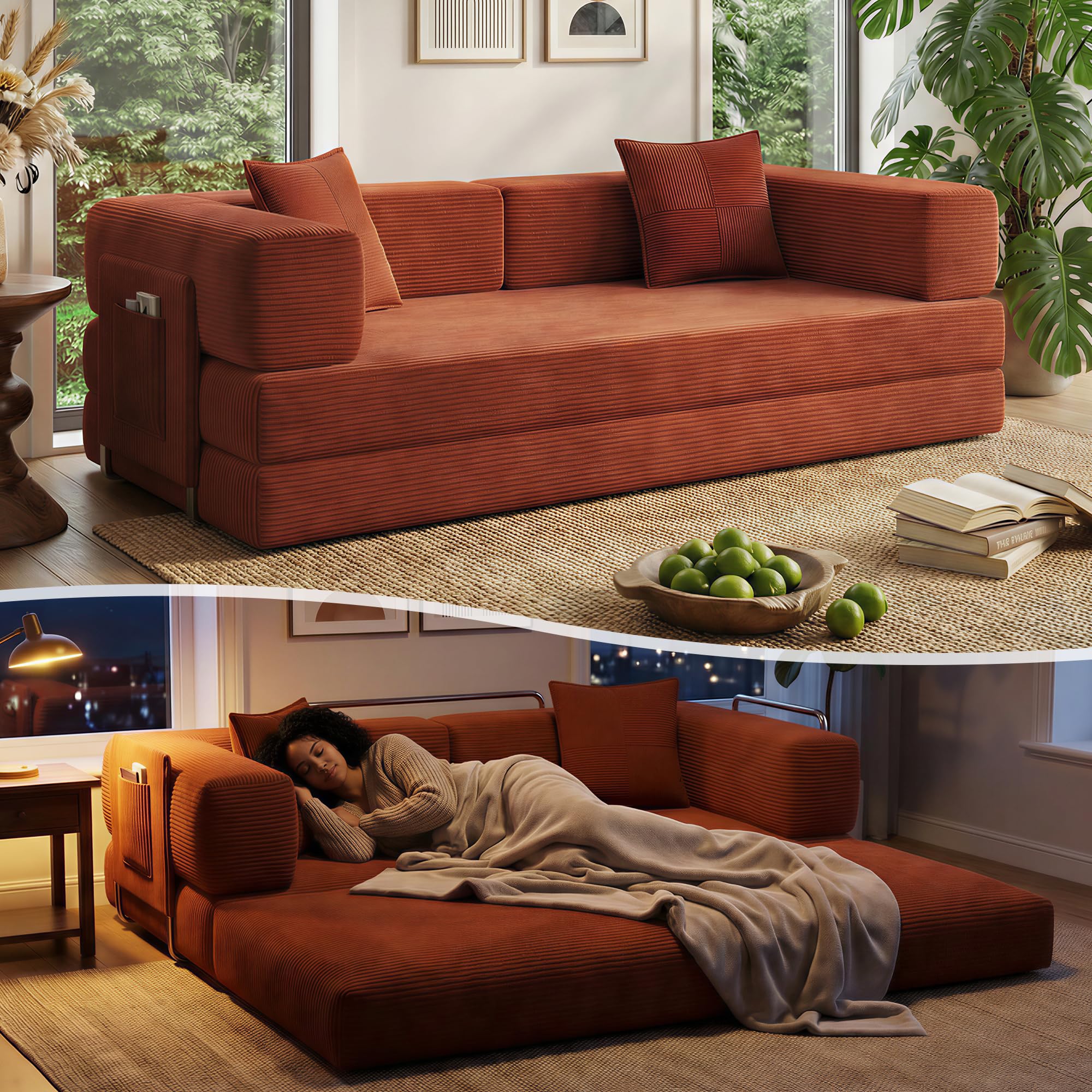 78.8" Boneless Couch for Living Room, Futon Sleeper Sofa Bed | Convertible Sofa Bed, Corduroy Pull Out Couch Loveseat with Storage Pocket, Modular Design, No Assembly, Orange