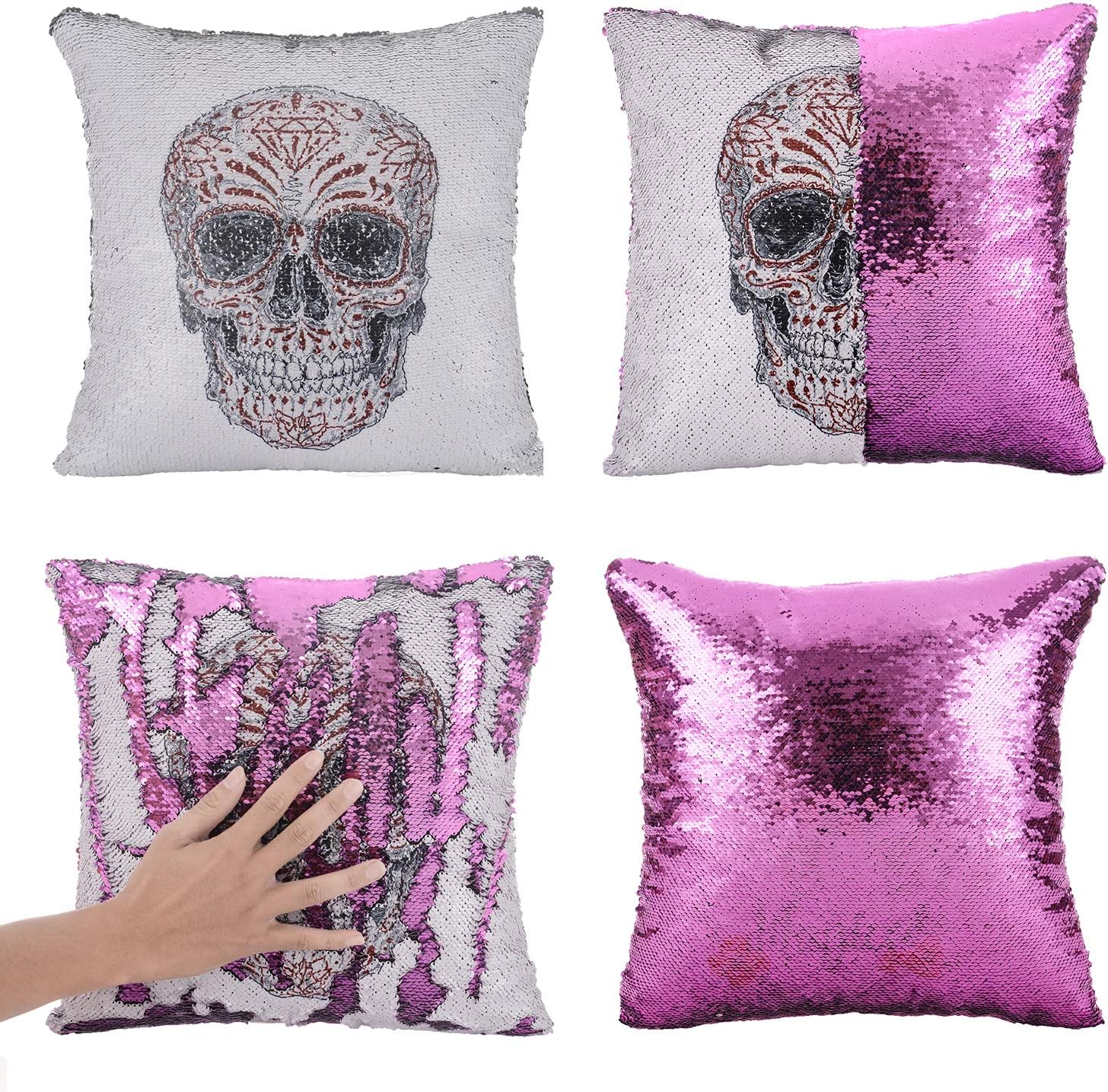 Xiaowli Skull Throw Pillow Covers Mermaid Sequin Pillow Magic Reversible Sequin Pillow Day Dead Halloween Decoration 16 x 16 (D Skull - Purple Sequins)