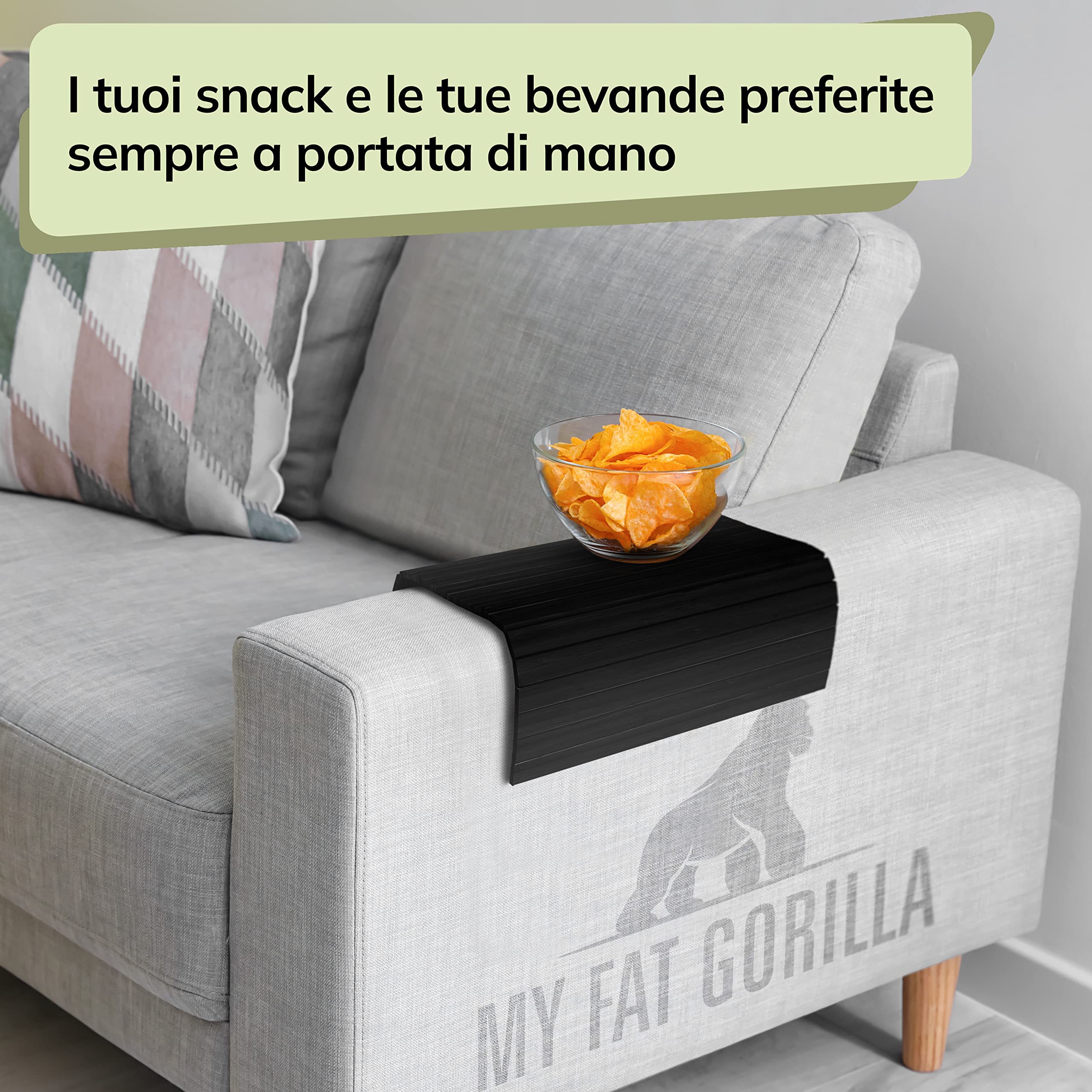 BAM BOO BOX Vassoio da Divano Bambù – Vassoio Bracciolo Divano 42x34x0,7cm – Portabicchieri Tavolino Aperitivo – Bambù Legno Naturale | Per Bicchieri, Tazze & Piatti (Nero)