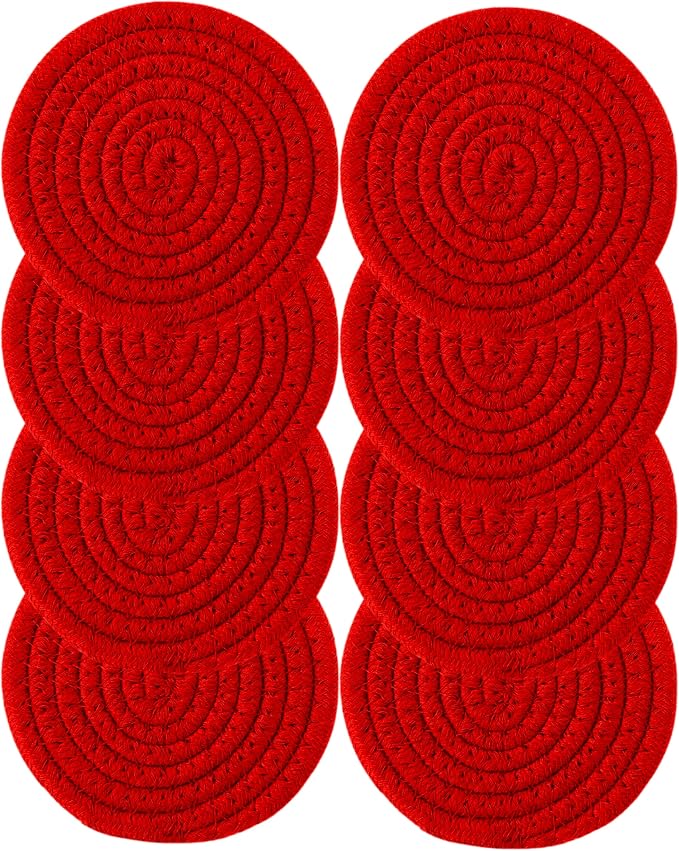 8PCS Cotton Round Woven Coasters Drink - Red Handmade Braided Cup Coasters Absorbent Woven Coasters Hot Pads Mats For Drink Home Kitchen Heat-Resistant Reusable Non-Slip