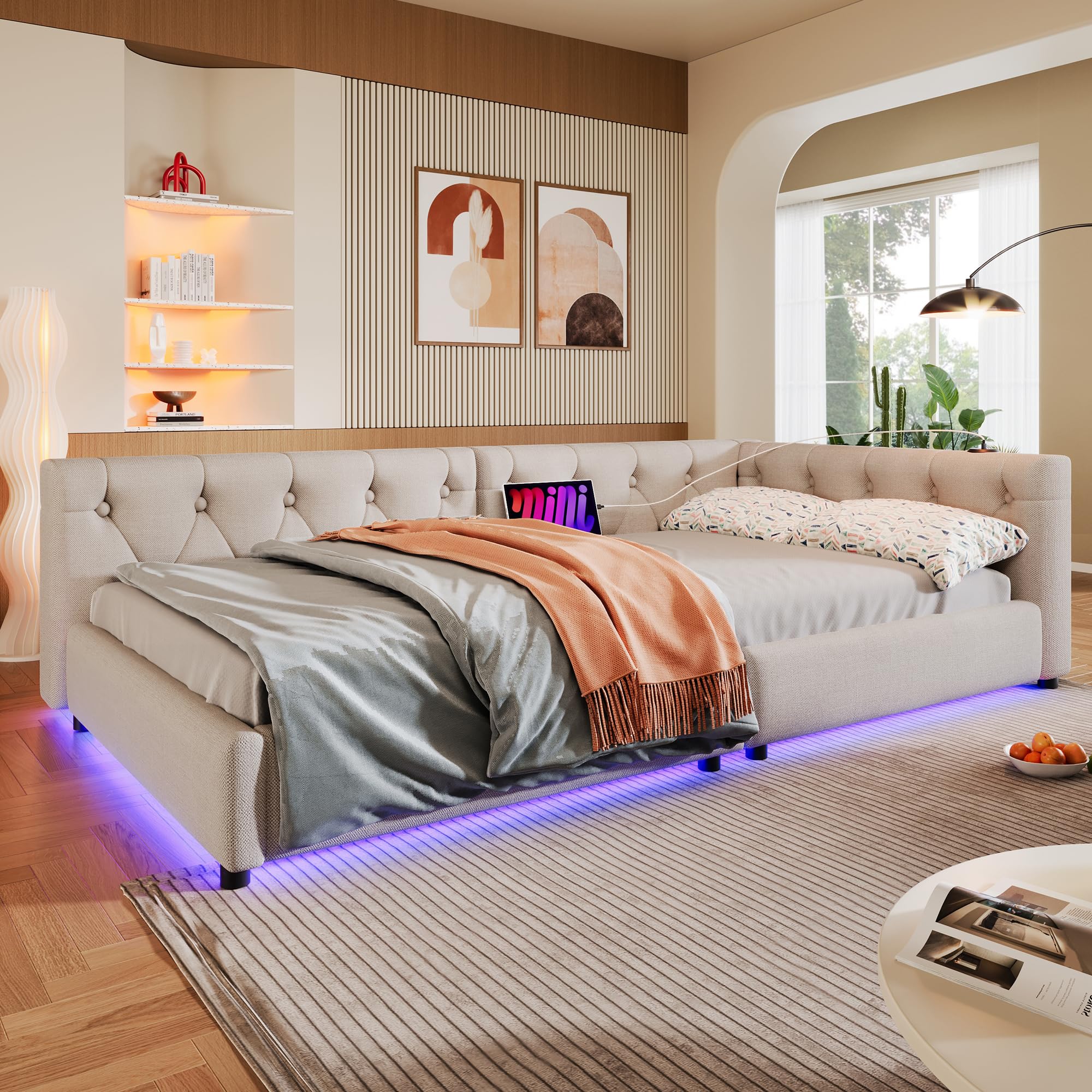 OKMYHOME Łóżko ławkowe 90x200 cm - Pikowane łóżko pojedyncze z portami USB typu C i oświetleniem LED - bez materaca - beżowy