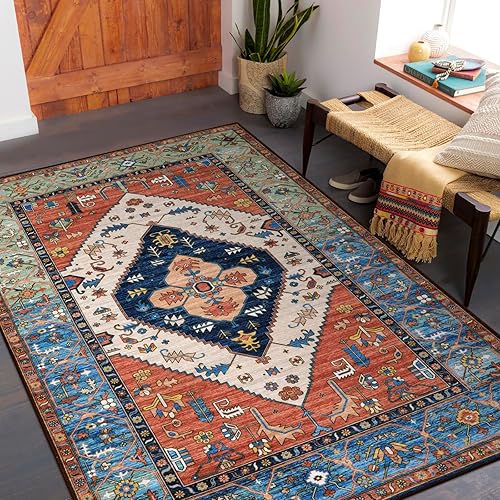 Lahome Boho Rugs for Living Room - 4x6 Area Rug Machine Washable Bedroom Rugs Non-Slip Low-Pile Entryway Rug Throw Oriental Distressed Kitchen Rugs Indoor Floor Carpet for Dining Room Bathroom Office