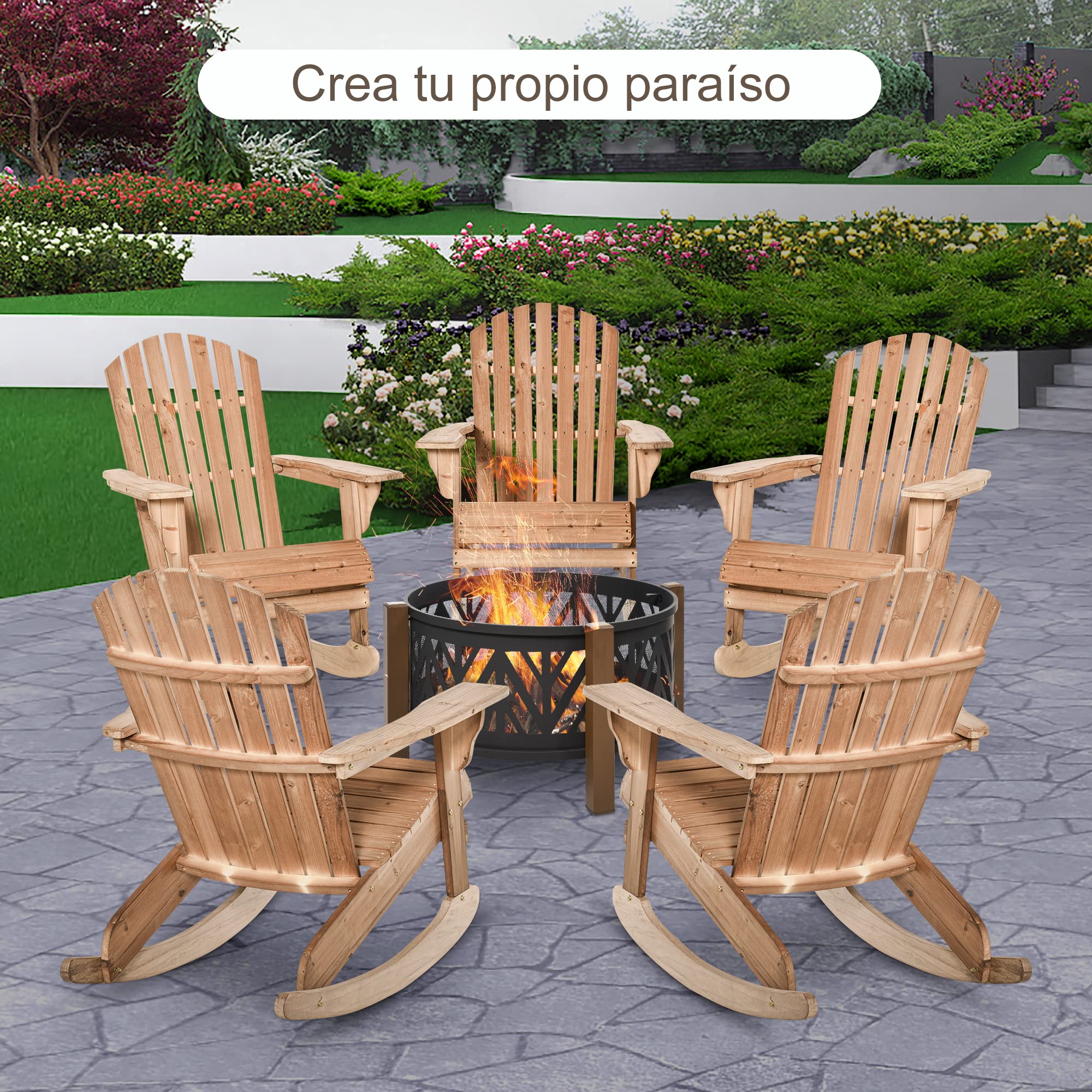 Outsunny Sillón Mecedora Silla Adirondack de Madera Natural 77x94x97 cm para Jardín Terraza Exterior de Estilo Rústico Carga 130kg Color Teca
