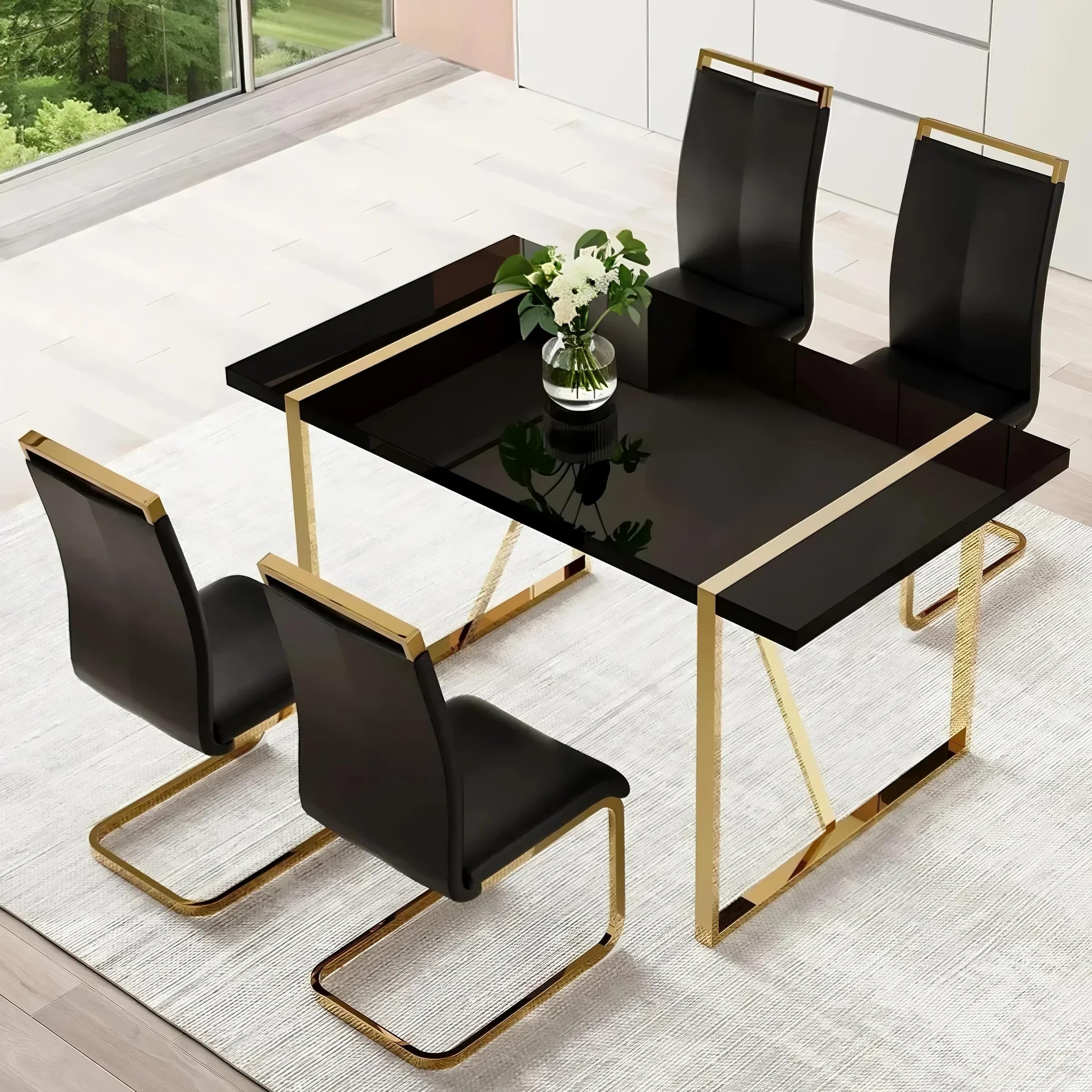 CTPNMCIN Modern Dining Table Set for 4, 55'' Gold Dining Room Table Set with 4 Black Faux Leather Chairs, Black Wood Tabletop with Gold Metal Legs,