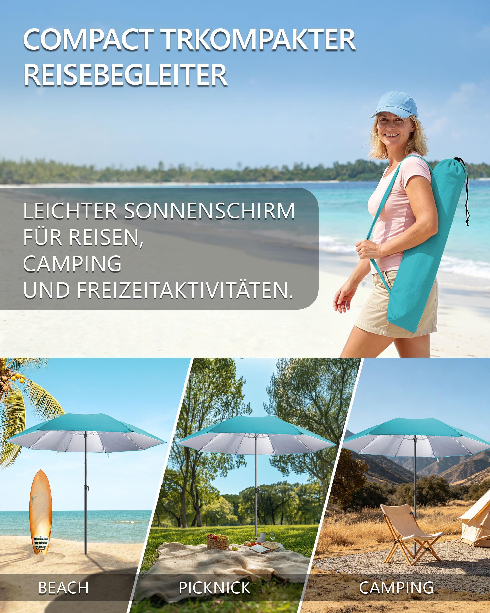 4smile Sonnenschirm Strand Ø 160 cm, UPF 50+, Fb. Türkis | Praktischer Reise Sonnenschirm für Koffer - Funktioneller Strandschirm klein faltbar, kompakter Strandschirm koffertauglich