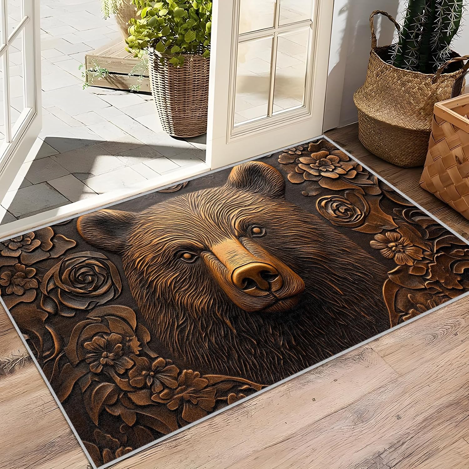 Bear Rugs for Cabin - Bear Rug, 5x7 Rug, 3D Wooden Bear Head Vintage Area Rug, Wild Animal Cabin Carpet, Washable & Non Slip & Soft Large Rugs, Bear Home Decor