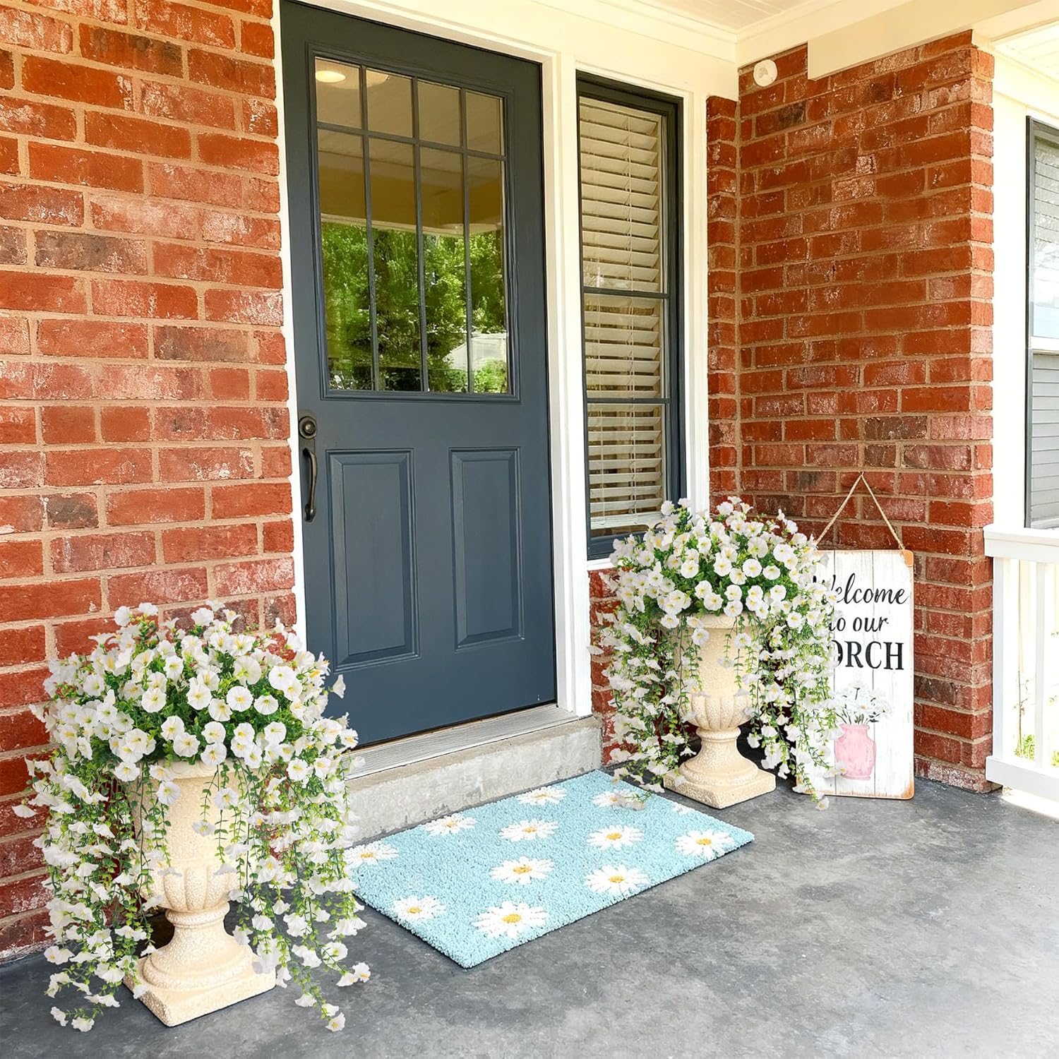 Artificial Hanging Petunias Flowers for Outdoor, 2pcs Fake Plants Long Vine Morning Glory Eucalyptus, UV Resistant Realistic Faux Greenery Indoor Outside Patio Porch Garden Spring Summer Decor, White - Image 5