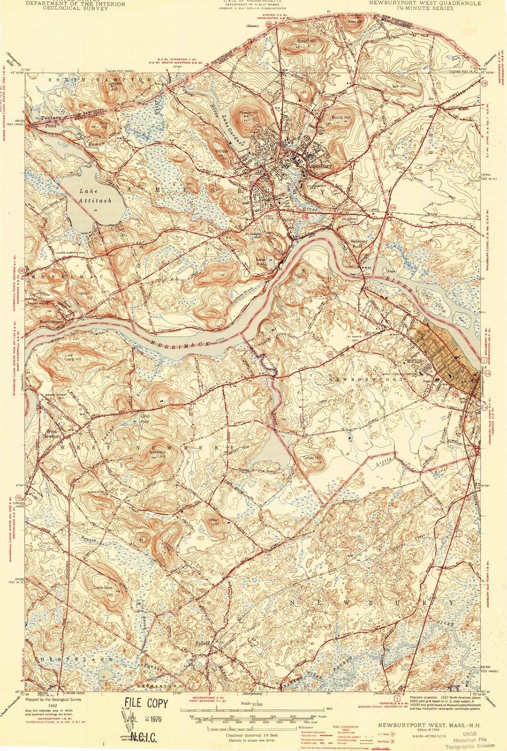Massachusetts Maps 1944 Newburyport West, MA USGS Arte