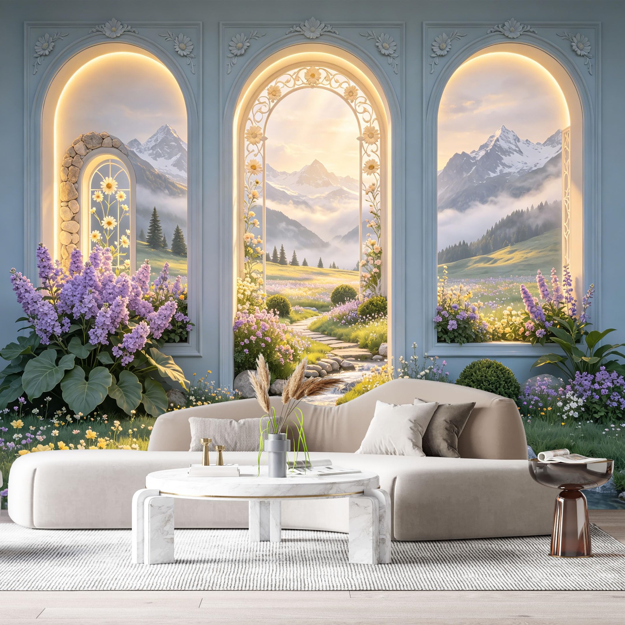 Custom Size Wall Murals Mountain Lake Stream Golden Filigree 3D Trompe L'Oeil SelfAdhesiveWall Fabric Removable Wallpaper Wall Decor for Living Room Bedroom Bathroom