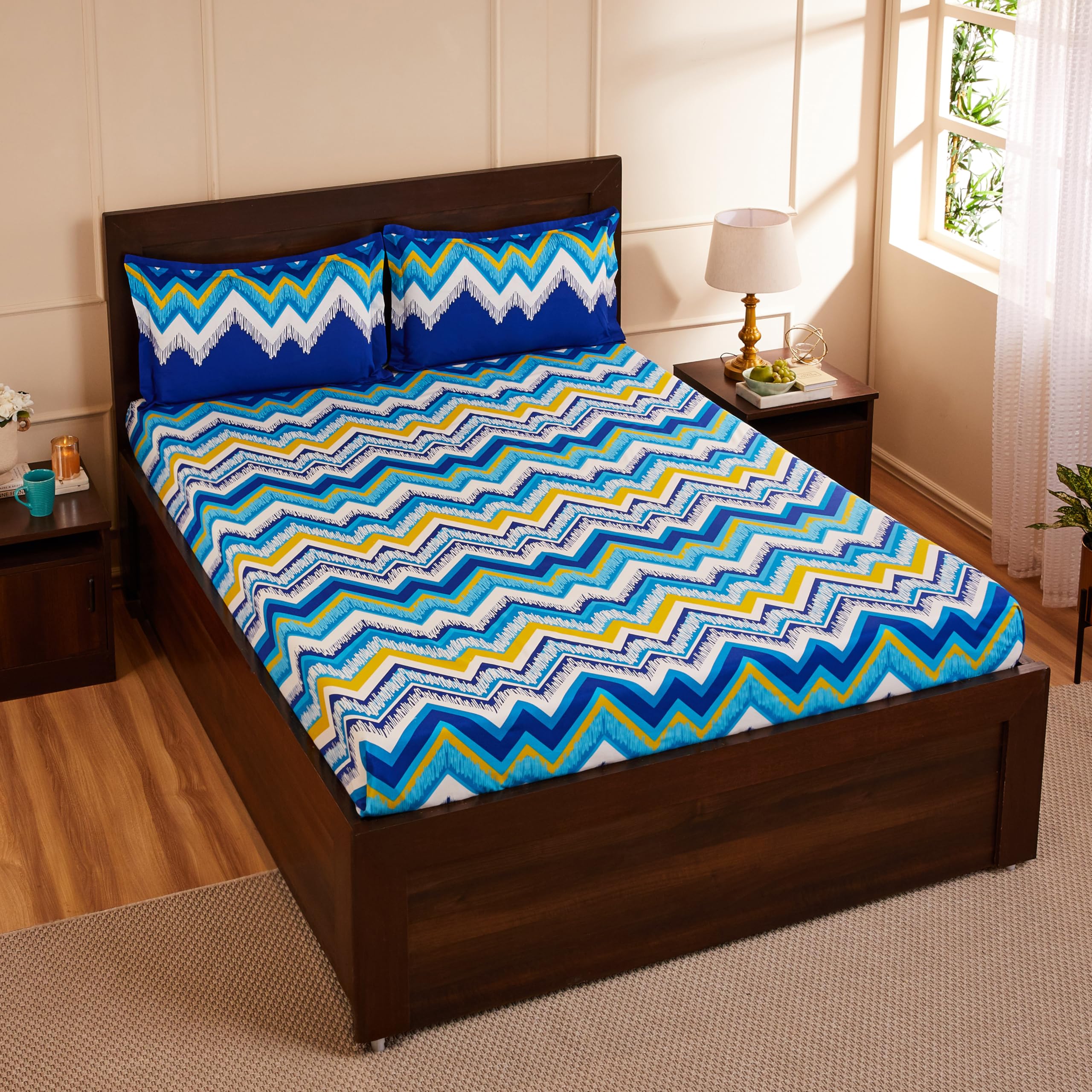 Amazon Brand - Solimo Abstract Waves 144 TC Cotton Double Bedsheet with 2 Pillow Covers, Green