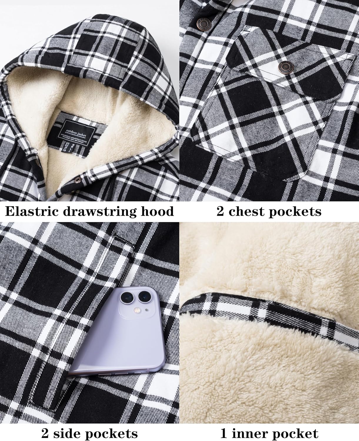 EKLENTSON Mens Winter Jacket Sherpa Lined Flannel Shirt Heavy Warm Coat Fleece Casual Button Down Cotton Plaid Hoodies - Image 6