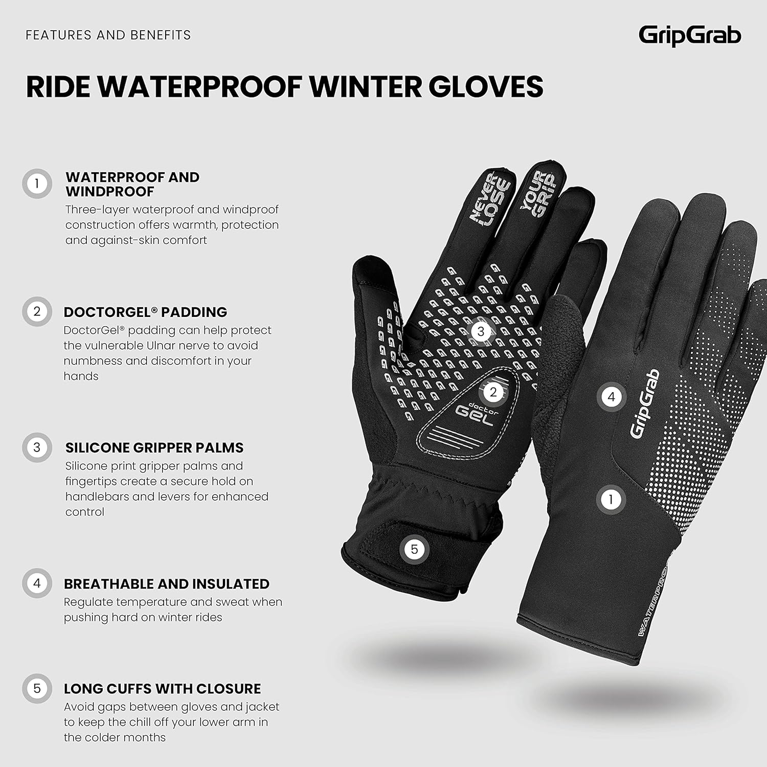 GripGrab Ride Waterproof Winter Cycling Gloves Windproof Thermal Padded Bike Gloves Fleece Lined Cold Weather Bicycle Glove