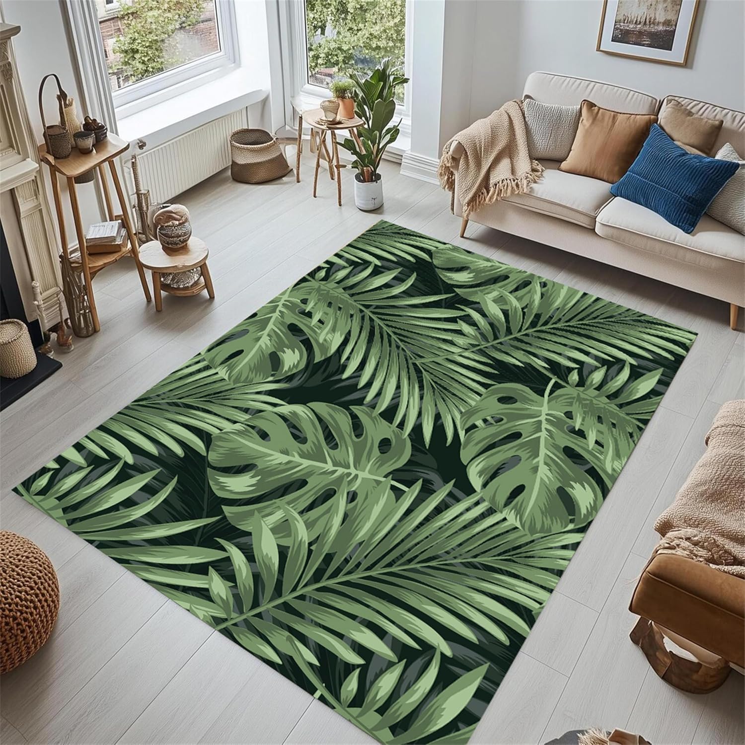 Vibrant Green Tropical Palm Leaf Area Rug 2x3ft - Soft Durable Polyester Indoor Rug for Living Room, Bedroom, Entryway with Non-Slip Backing, Home Decor