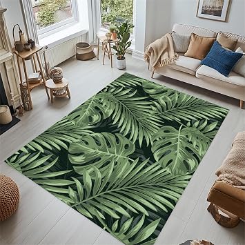 Vibrant Green Tropical Palm Leaf Area Rug 4x5ft - Soft Durable Polyester Indoor Rug for Living Room, Bedroom, Entryway with Non-Slip Backing, Home Decor