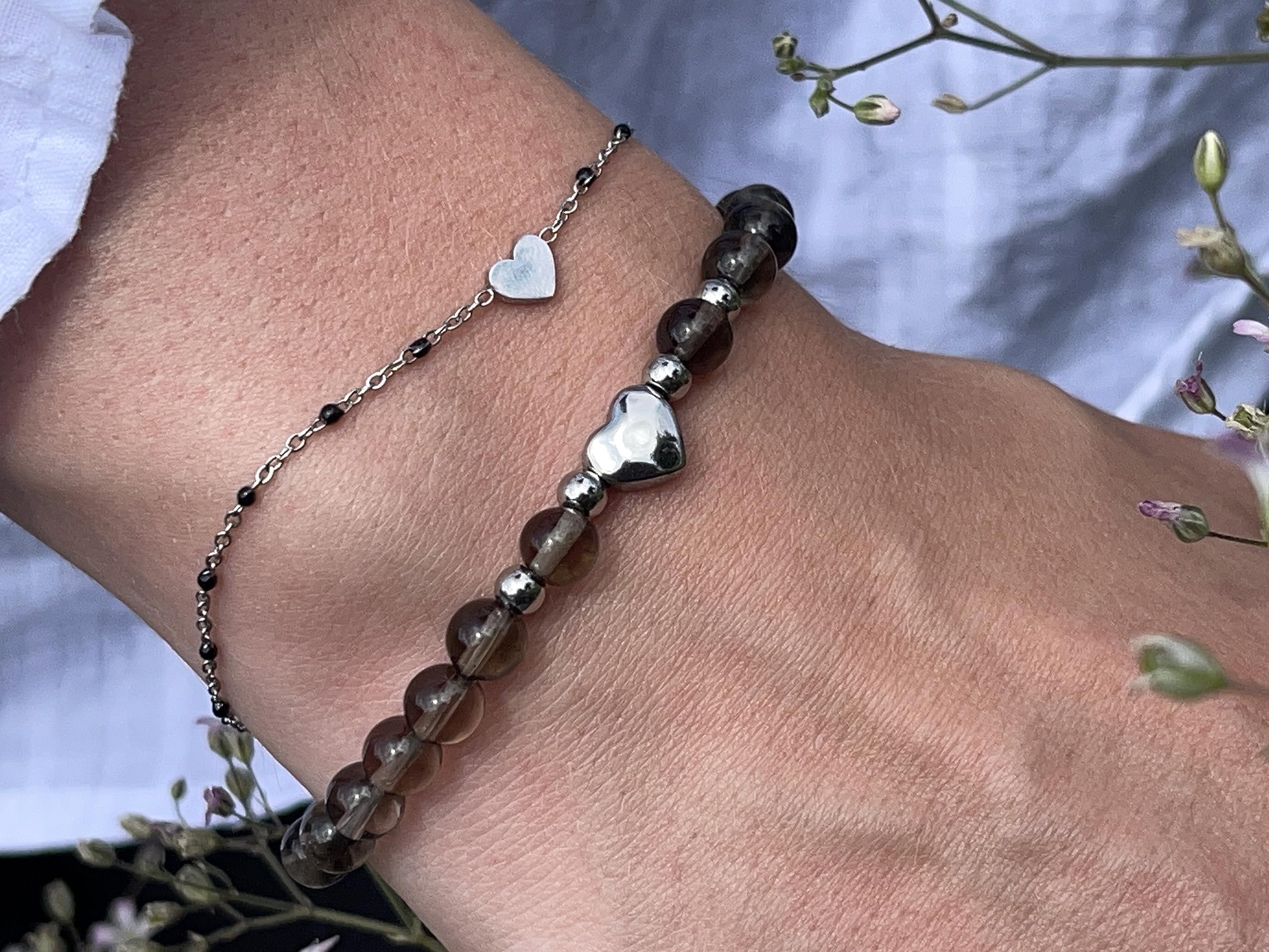Rauchquarz Armband Perlen echt 6mm Herz Edelstahl Silber Gold Roségold oder Ionisiert - Handmade Perlenarmband Kraft Lebensfreude positive Gedanken - Spiritueller Schmuck Damen Mädchen