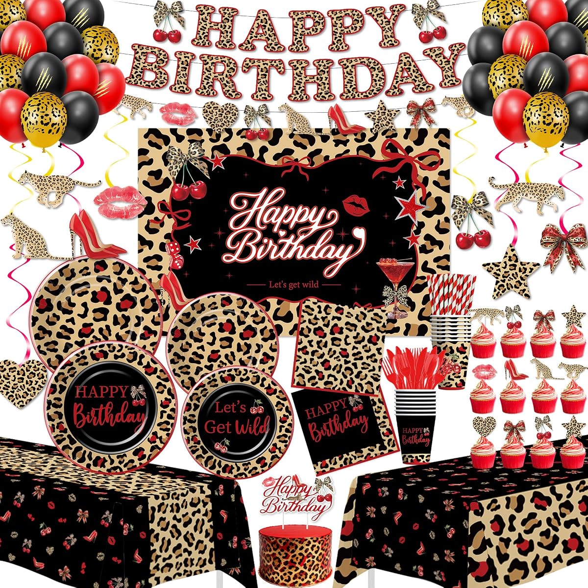 Srua Don Leopard Cheetah and Cherry Birthday Decorations Girl, Serves 24 | Leopard Print Cheetah Cherry Party Supplies, Paper Plate, Cup, Napkin, Banner, Backdrop, Tablecloth, Swirl, Balloon, Topper
