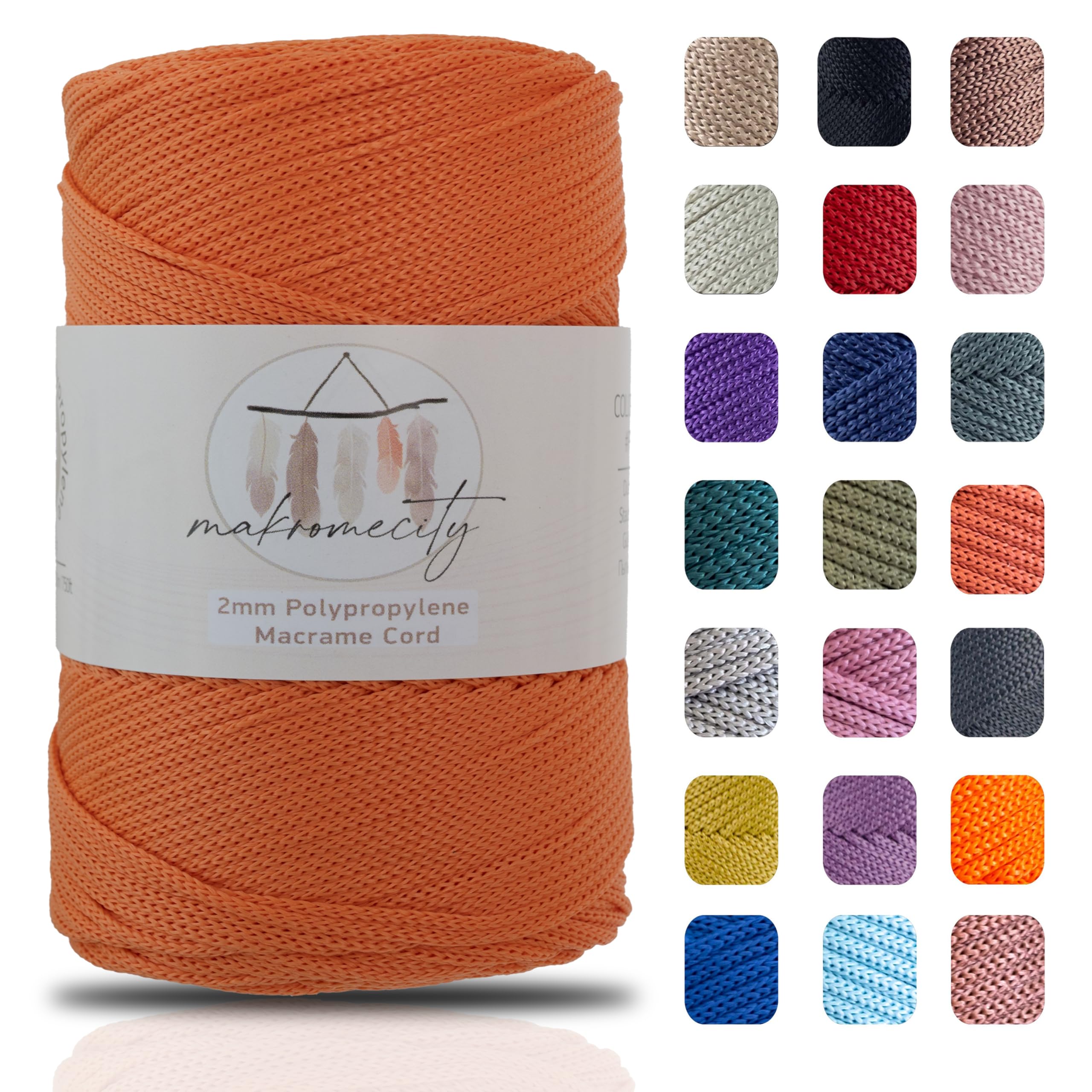 Makromecity Orange Polyester Macrame Cord 2Mm X 250 Yards (750 Feet) 2Mm Polypropylene Macrame Cord Crochet Macrame Bag Cord Crafts For Wall Hangings, Bags, Underplate, Rug (, 1 Skein)
