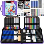 106 PCS Kit de dessin Crayons de croquis ensemble, Pro Dessin de crayons avec 3-Color Livre de croquis, livre de coloration, couleur aquarelle Graphite Charbon & Pencils métalliques, fournitures d'art pour les débutants professionnels Hobbyistes