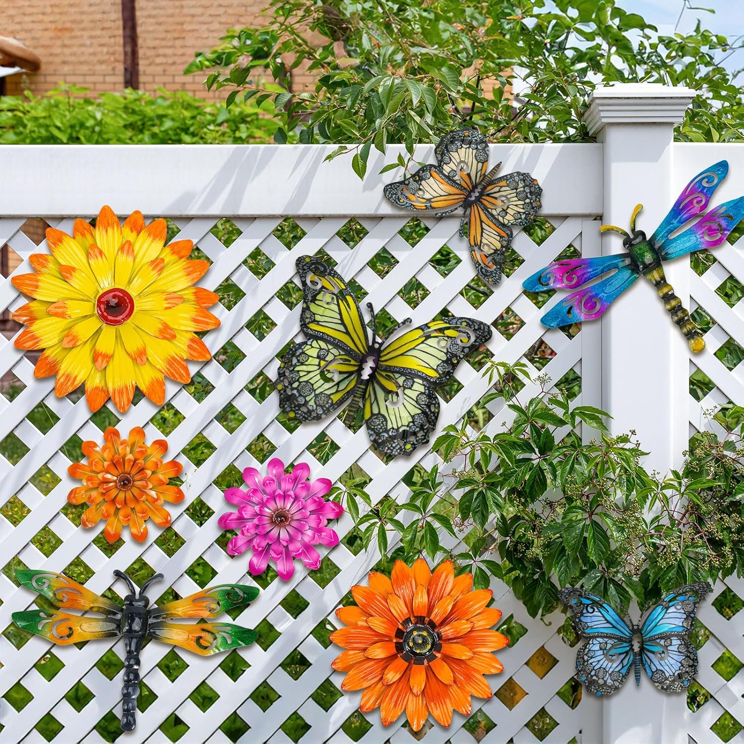Orgthin 9 Pack 9.9" Metal Butterfly Dragonfly Flower Wall Decor, Fence Wall Art Decor, Hanging Decoration for Garden Yard Living Room Bedroom Patio Balcony