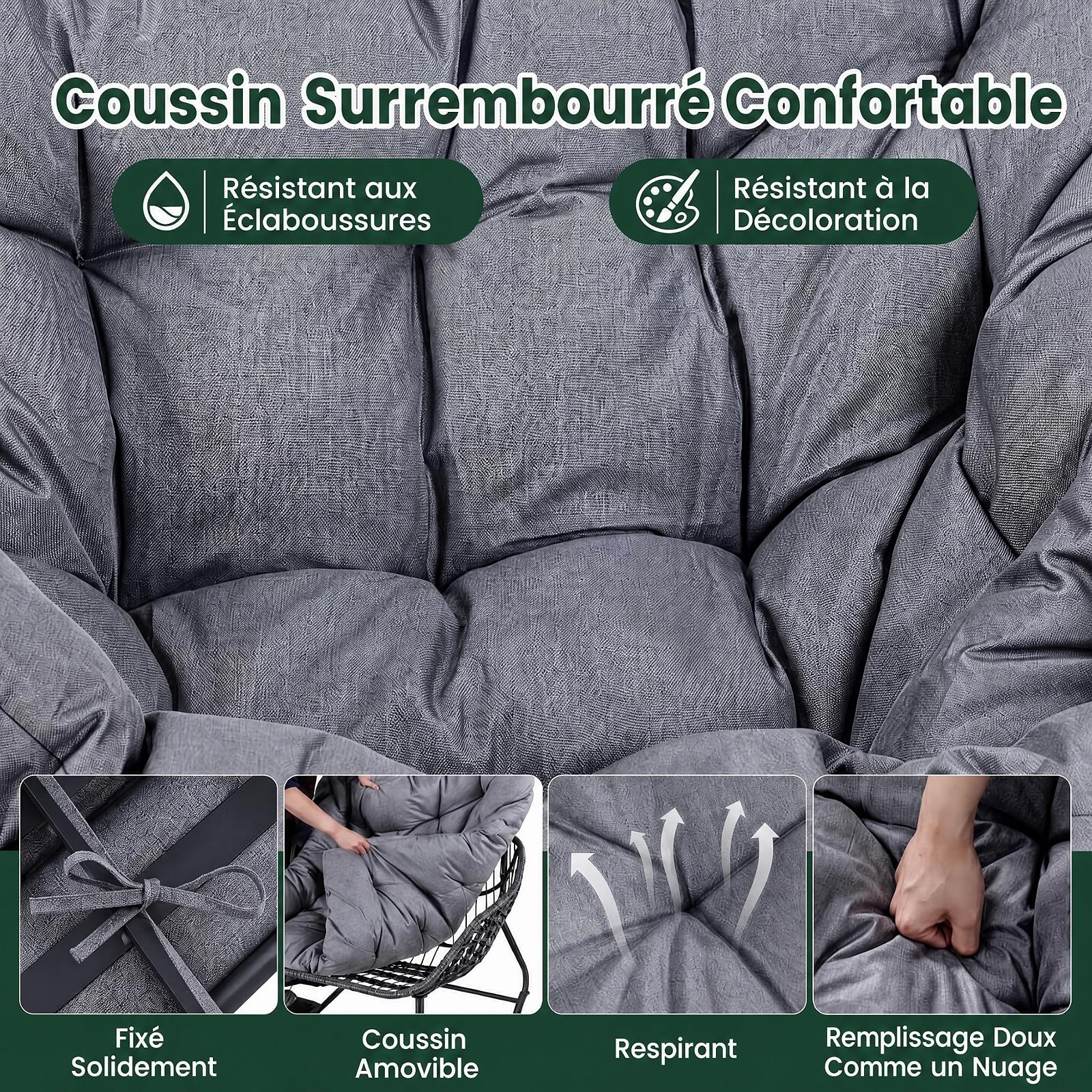 SOARS Fauteuil a Bascule en Rotin PE avec Repose-Pieds, Chaise a Bascule Surdimensionné avec Coussin Rembourré, Cadre en Métal, Charge 150KG, Rocking Chair en Forme d’Œuf Salon Jardin Balcon (Gris)