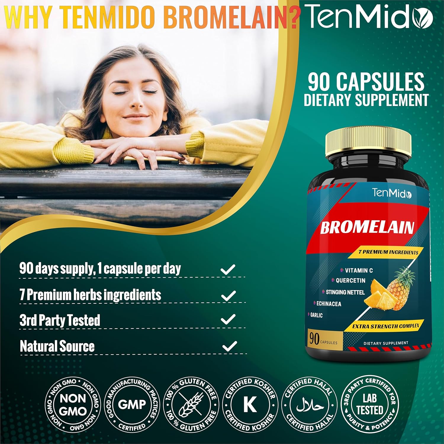 Bromelain Extract Capsules, Proteolytic Enzymes & VitC, Quercetin, Echinacea, Garlic, Pepper - Supports Digestion Health, Nutrient Absorption - 90caps, 3Months Supply (Pack of 2)