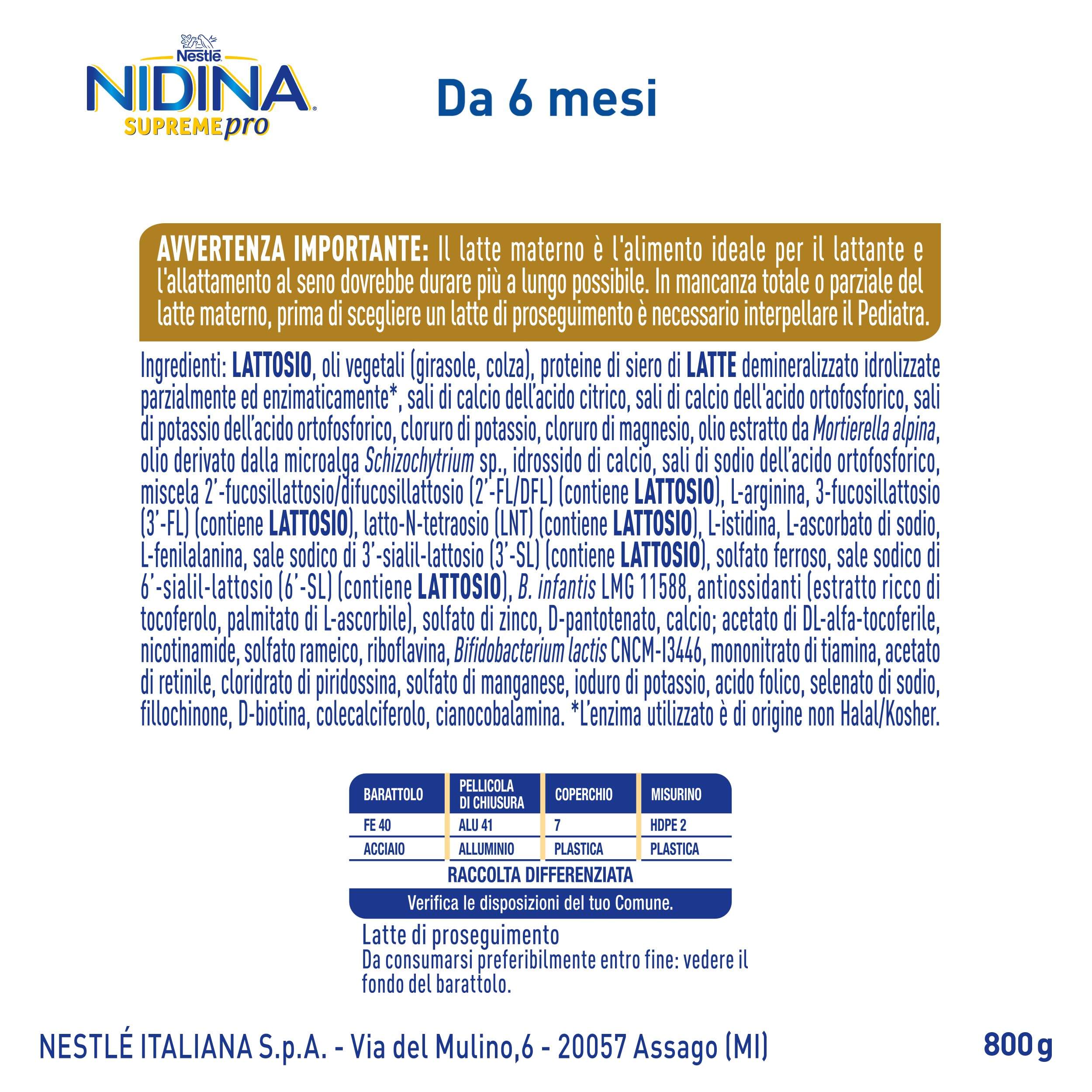 NIDINA SUPREMEpro 2 Latte di Proseguimento Polvere da 6 mesi, Latta 800g