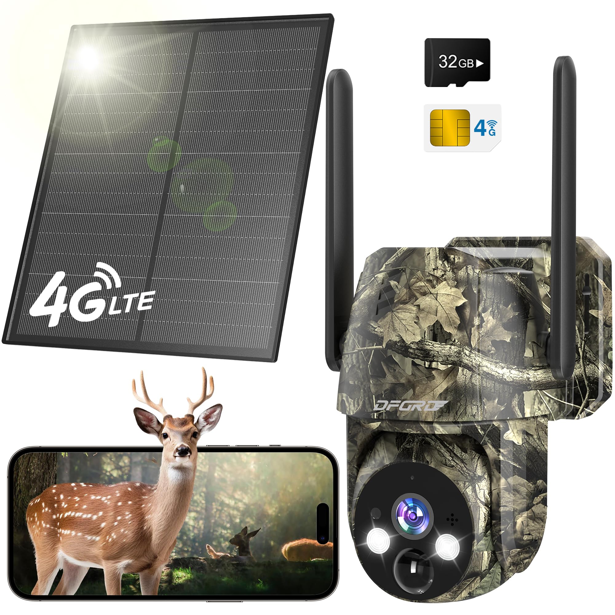 4G LTE Fototrappola con SIM e Scheda SD, 2K Telecamera Esterna con Pannello Solare Senza Fili, 360° PTZ Visione Notturna a Colori e Infrarossi, Rilevamento PIR, Audio 2 Vie, IP66