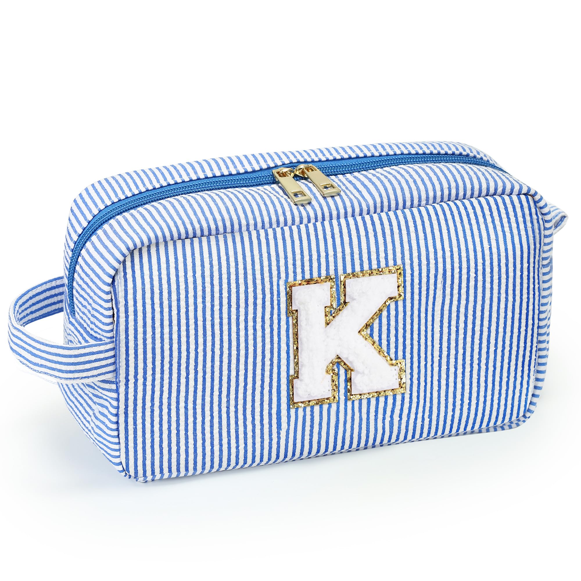 YOOLIFE Makeup Bag for Women - Monogram Cute Initial Blue Makeup Bags Cosmetic Toiletry Pouch Make Up Case for Women Her Best Friend Friendship Sister Teacher, Personalized Birthday Gifts for Women K