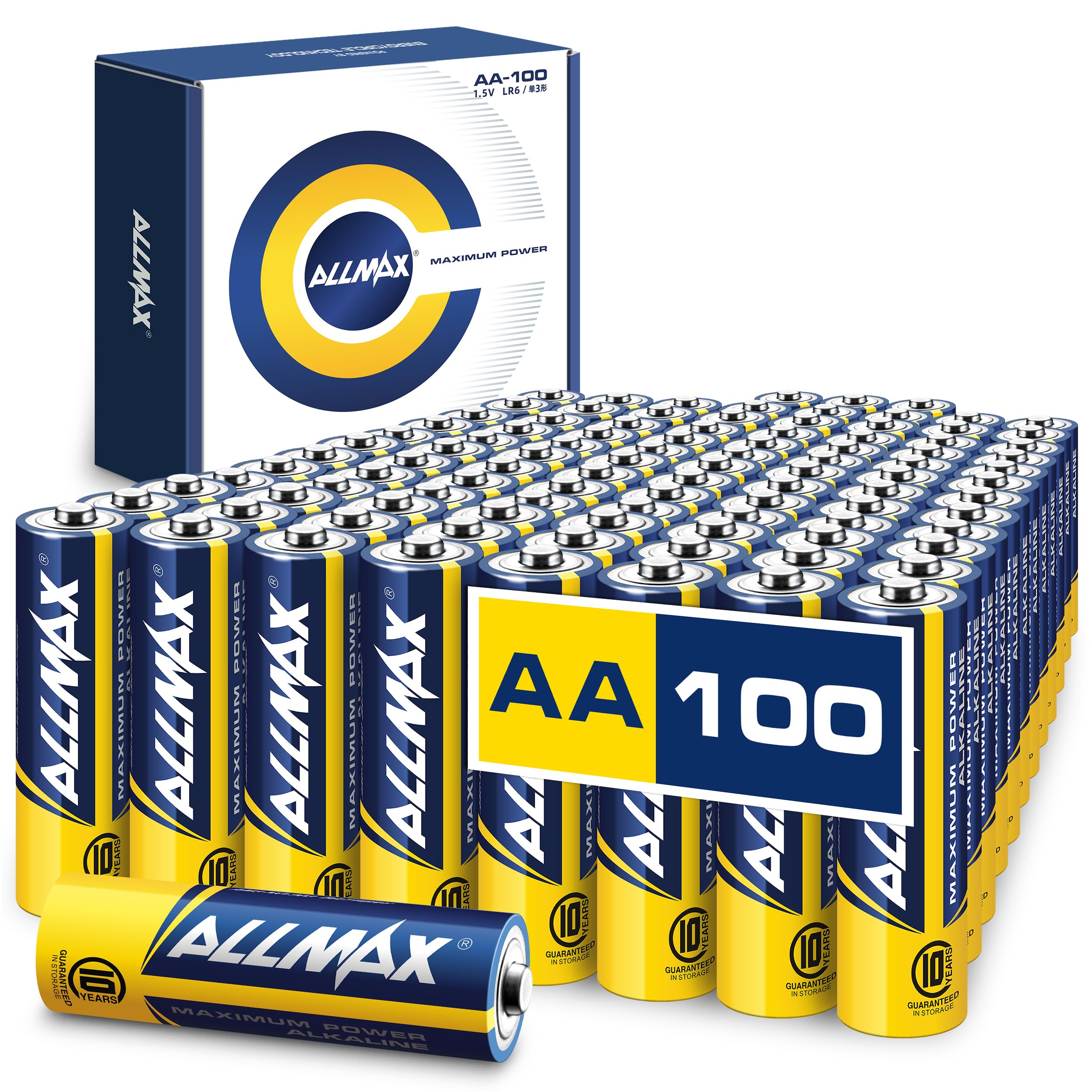 Allmax AA Alkaline Batteries Maximum Power (100 Pack) - Ultra Long Life, Leak Proof Design, 10 Year Retention and Maximum Performance (1.5V)
