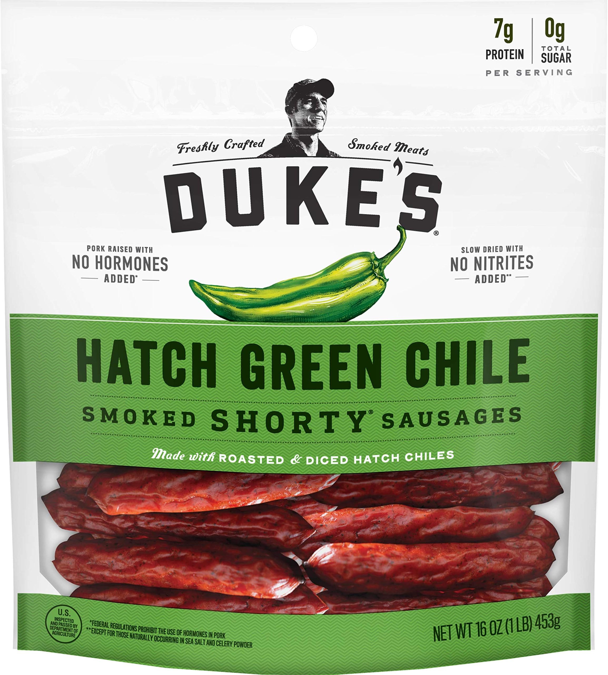 - Duke's Pork Hatch Green Chile Smoked Shorty Sausages, 7g Protein Per Serving, 16oz.