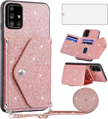 Asuwish Funda de teléfono para Samsung Galaxy A71 5G, funda tipo cartera con protector de pantalla de vidrio templado y correa cruzada, soporte para
