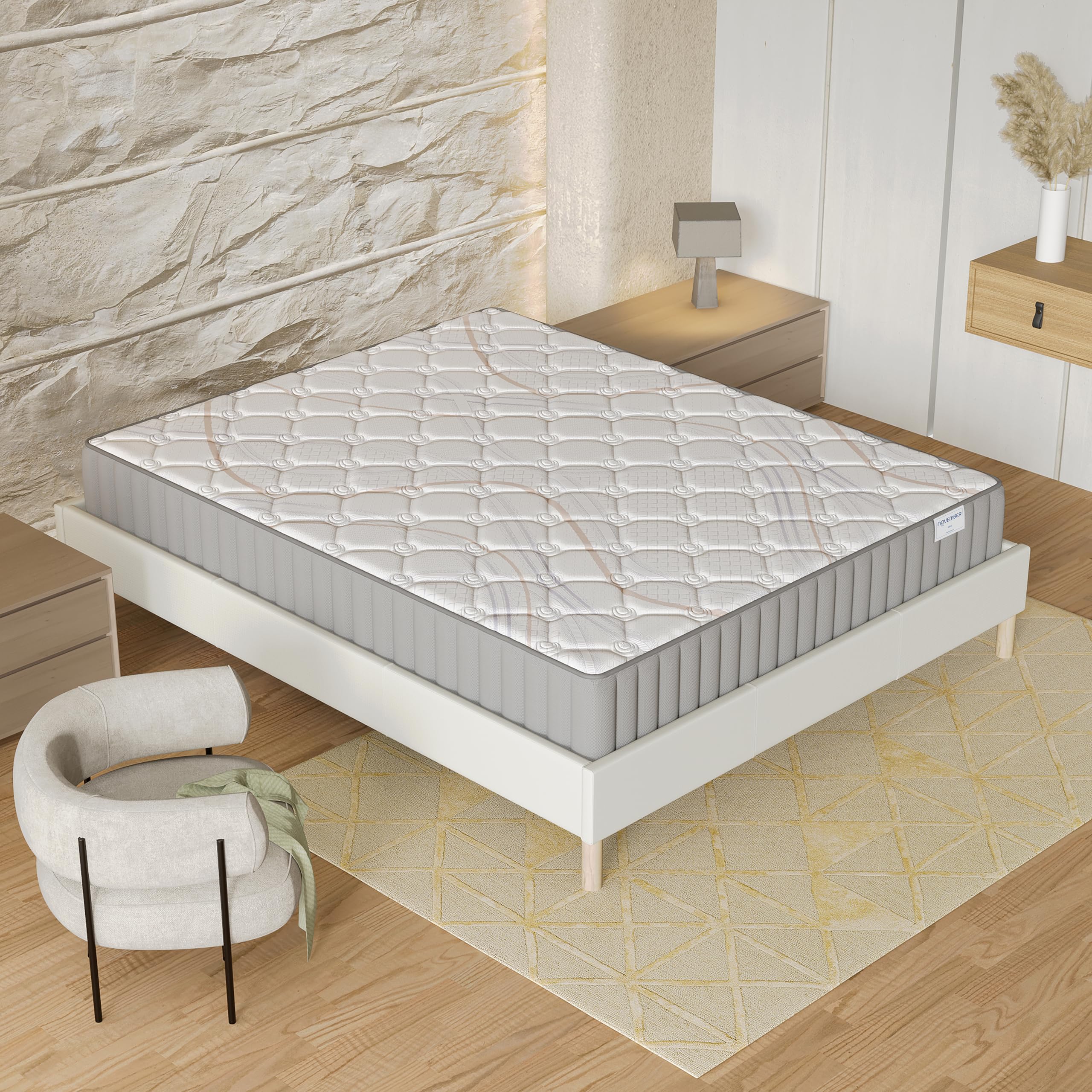 NOVEMBER- Ensemble Matelas + sommier (120 x 190cm) - Matelas Sirius Latex Naturel & Mousse Haute Densité d’épaisseur 16cm + Sommier Bois Stable & Robuste revêtement Tissu Blanc