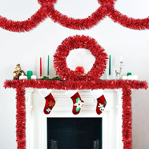 Miniatura 6 de Guirnalda de oropel de Navidad roja de 50 pies para decoración de árbol de Navidad, guirnalda colgante brillante de Navidad para chimenea,